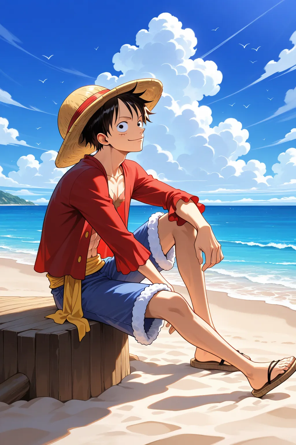 1 boy, solo, monkey d. luffy, isolated island, beach, looking at viewer, blue sky, cloud, 