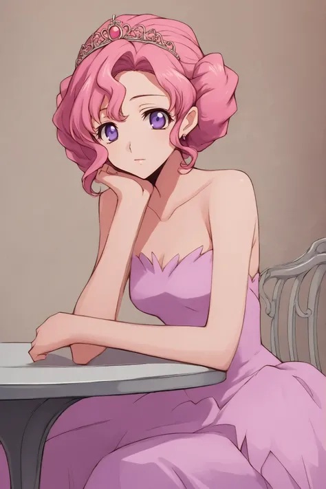 Empress, sitting at the table. pink curly hair up to the shoulders, soft pink dress, purple eyes. is left with an innocent look, looking at the viewer. and the tiara on the head. много бумаг на столе 