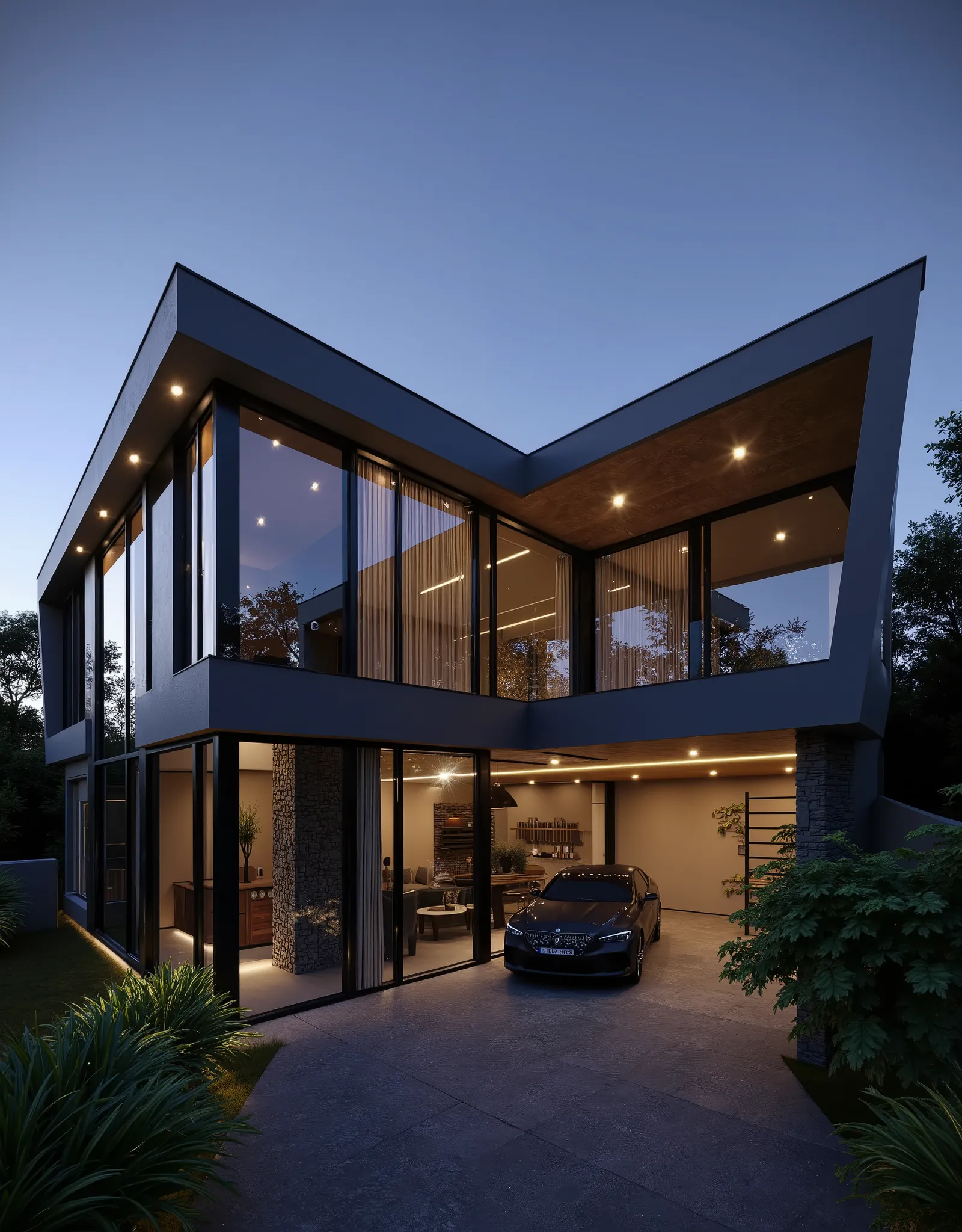 mordenhouse, house, glass house with a sloping roof, modern, dynamic (RAW photo, real, best quality, masterpiece:1.2), (hyper realistic, photo-realistic:1.2), high quality, (dark lighting:1.2), perfect lighting, archdaily
