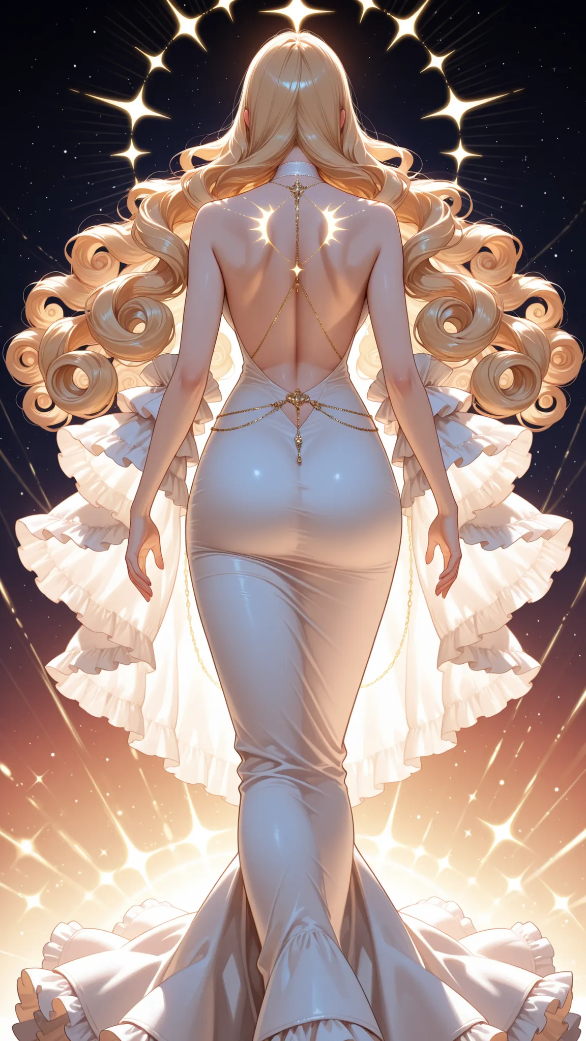 ultimate image quality, Perfect Description, Back Conscious Dress, Tall Woman, Sparkling Back Chain, beautiful profile, Frill trim, elegant curly hair, Dusk Light, romantic