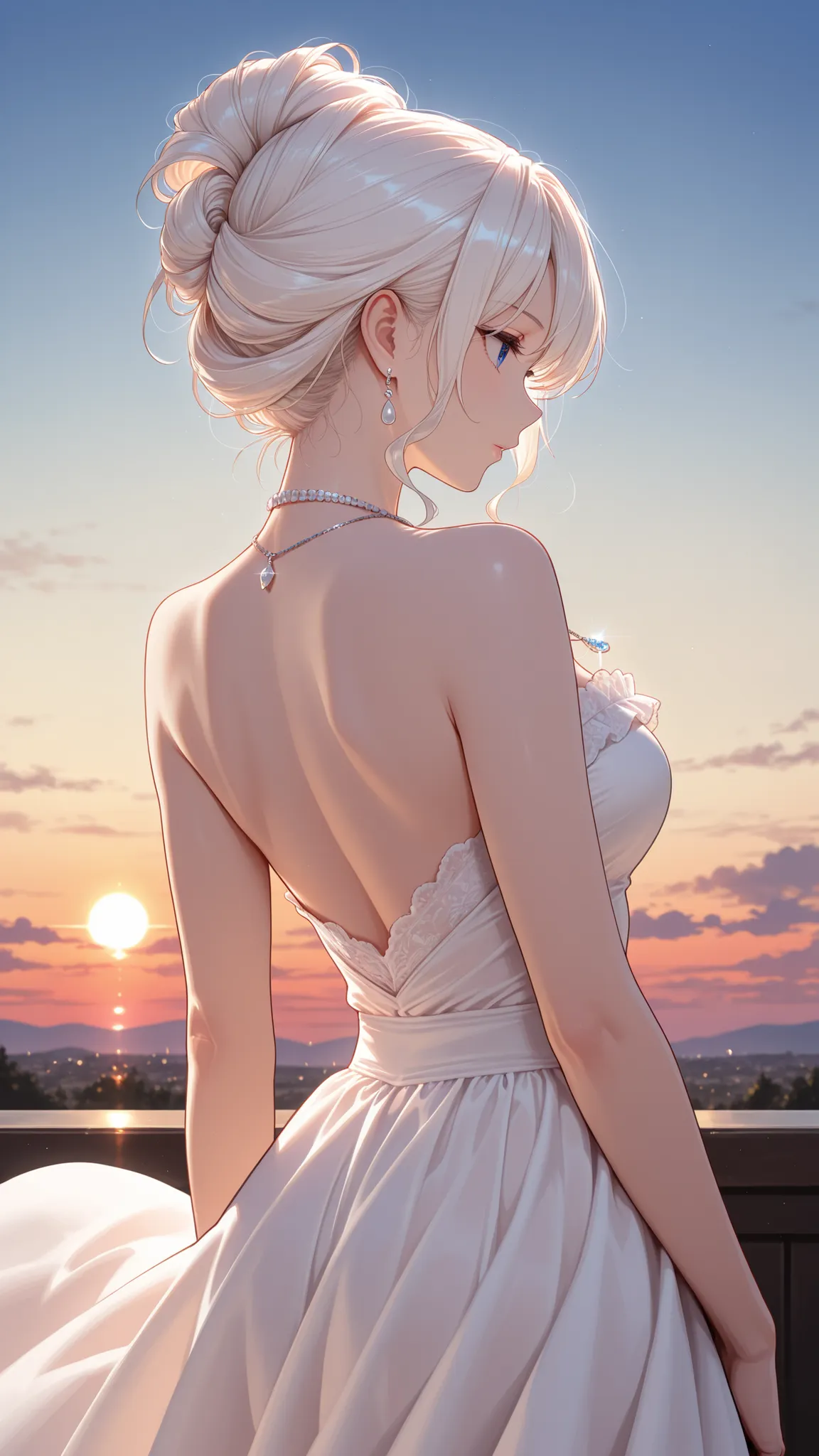 Ultra High Definition, Masterpiece, Perfect Details, pure white dress with open back, elegant woman, shining necklace, Clean profile, Lace frills, tall hairstyle, sunset sky, Transparency