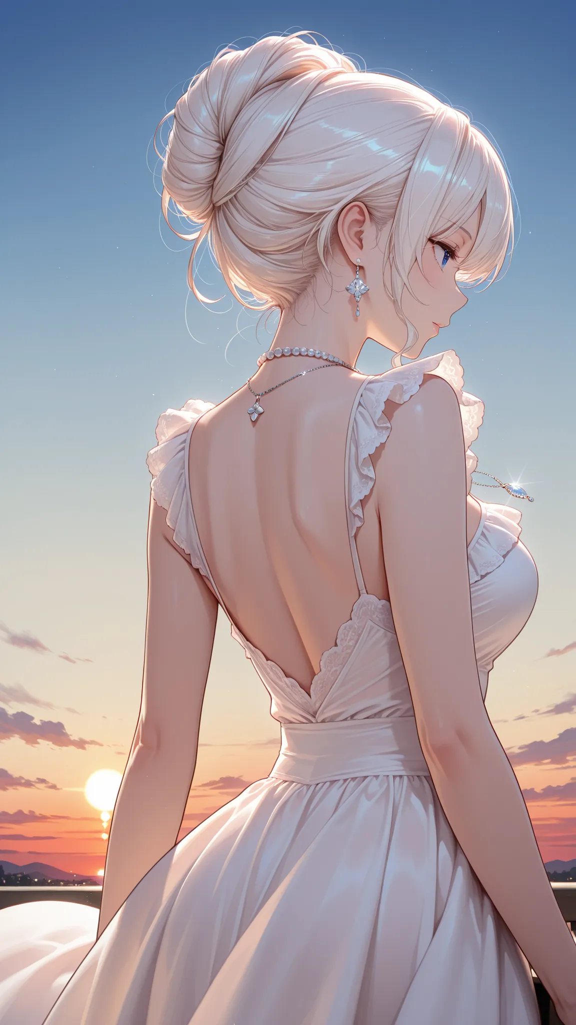 Ultra High Definition, Masterpiece, Perfect Details, pure white dress with open back, elegant woman, shining necklace, Clean profile, Lace frills, tall hairstyle, sunset sky, Transparency