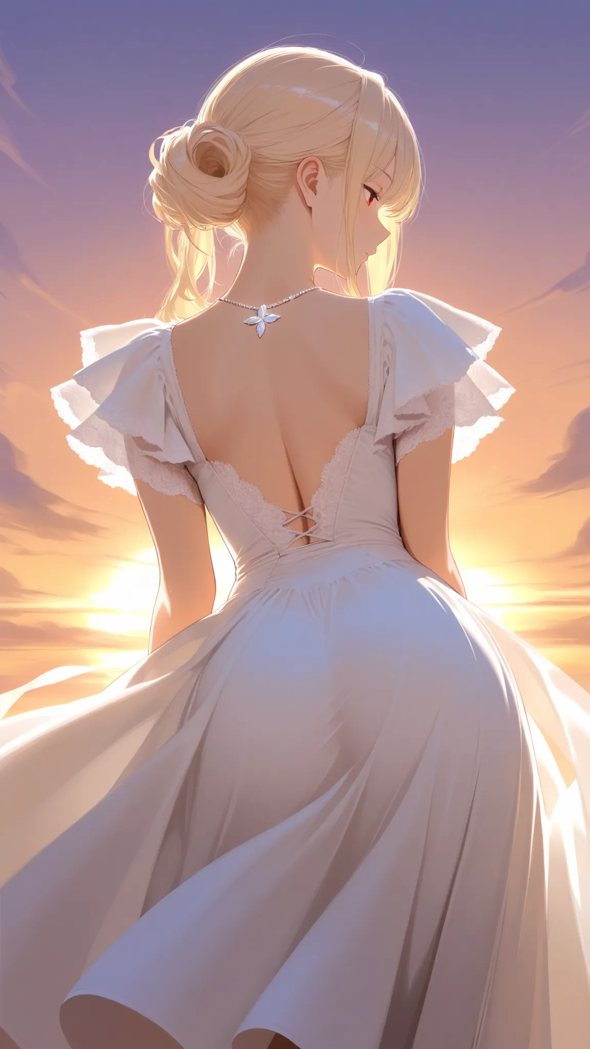 Ultra High Definition, Masterpiece, Perfect Details, pure white dress with open back, elegant woman, shining necklace, Clean profile, Lace frills, tall hairstyle, sunset sky, Transparency