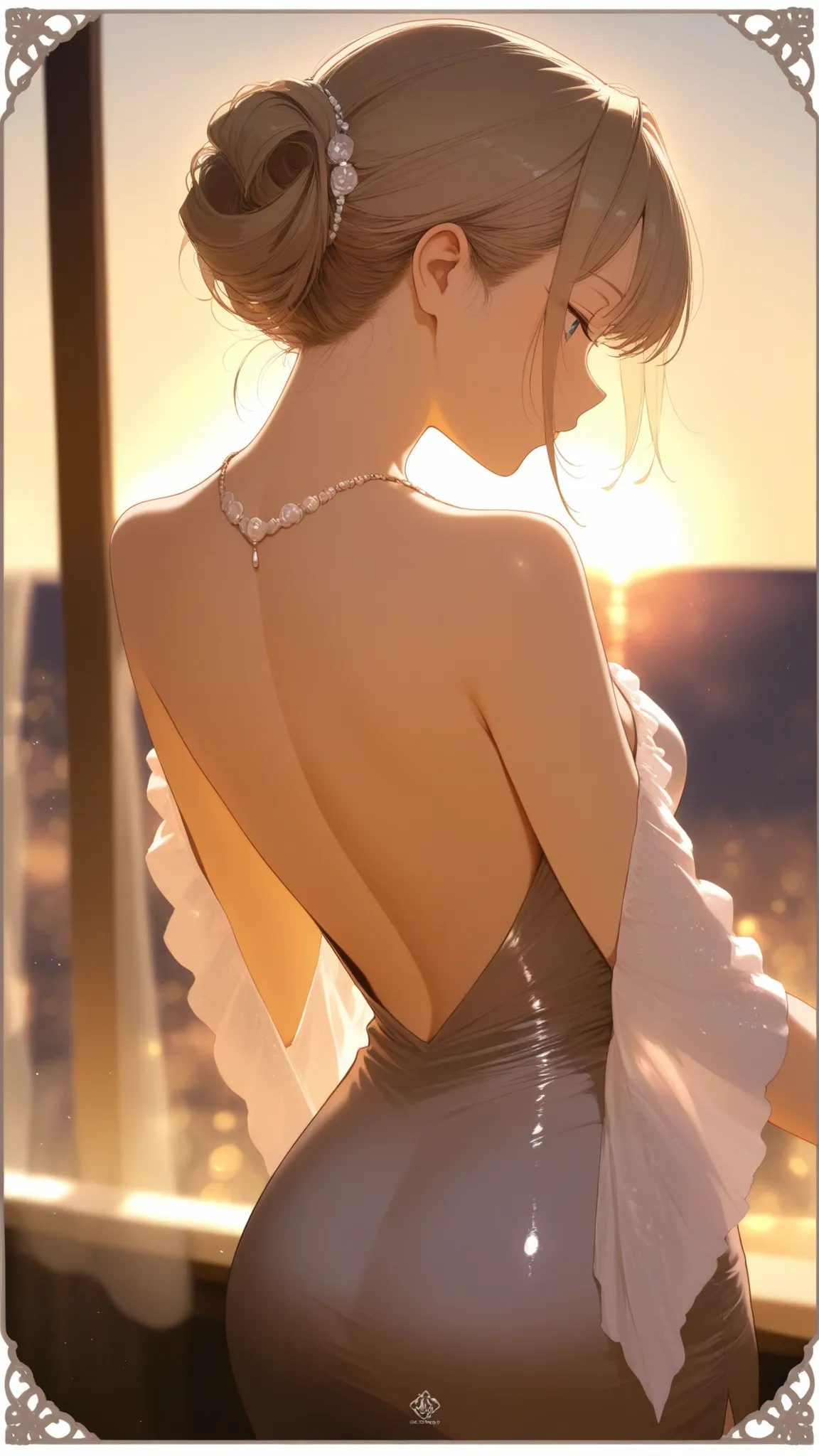 top quality, masterpiece, like the picture, backless dress, graceful women, delicate back necklace, Elegant profile, frill border, elegant chignon, Sunset Gradation, Soft Light