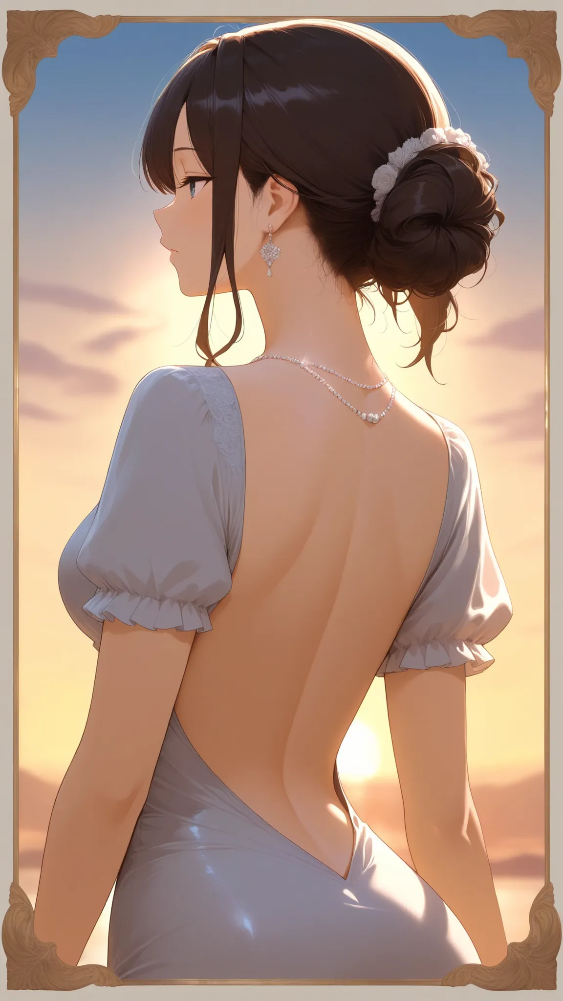 top quality, masterpiece, like the picture, backless dress, graceful women, delicate back necklace, Elegant profile, frill border, elegant chignon, Sunset Gradation, Soft Light