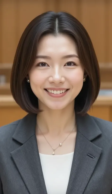 nsfw、From front、Japanese in a グレーcollarless suit、カメラ目線、22-year-old female minister、、A-line bob(angled bob・inverted bob)、黒髪、during regular press conference、(bust up shot:1.5)、ネックレス、耳にピアス、歯を見せた笑顔
