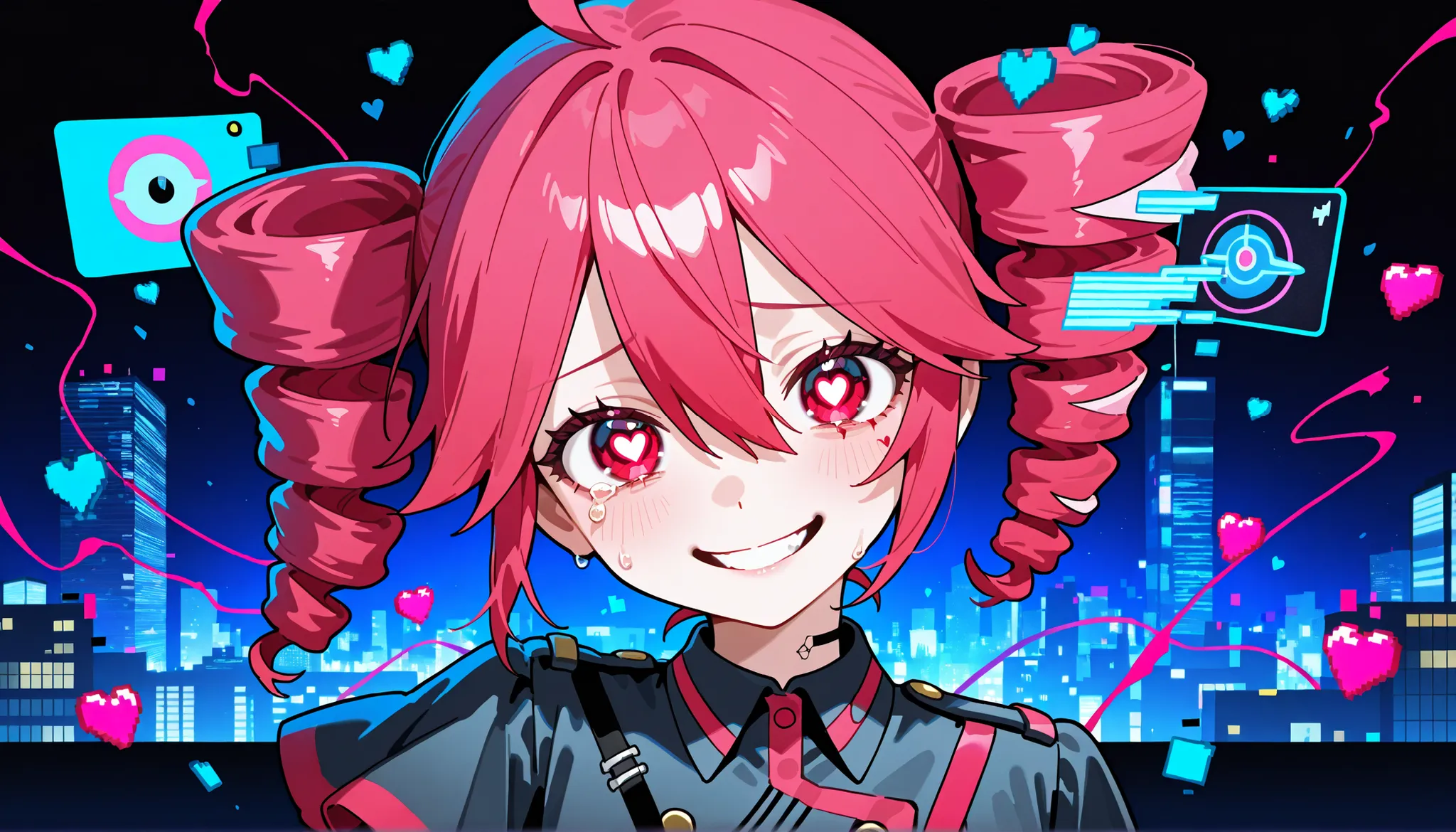 A chaotic and emotional anime-style illustration of a pink-haired virtual girl resembling Kasane Teto, surrounded by glitch effects, broken hearts, She has a twisted smile with tears in her eyes, wearing a dark gothic outfit with cyberpunk accents. The bac...