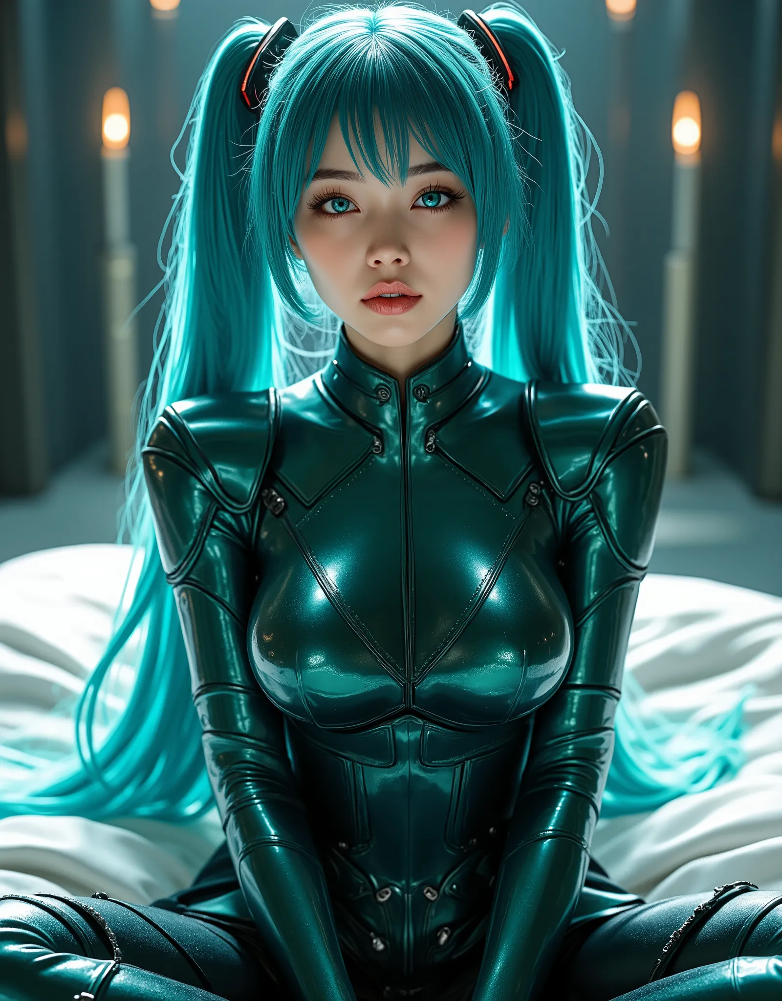 firm round fake medium Breasts、 Tall 180cm. dark green, shiny fantasy armor、Extremely beautiful Hatsune Miku,young slender woman with long blue pigtails, Cutting-edge technology、 Future、Dramatic Lighting、4K High Resolution、Photoreal、high contrast、vibrant c...