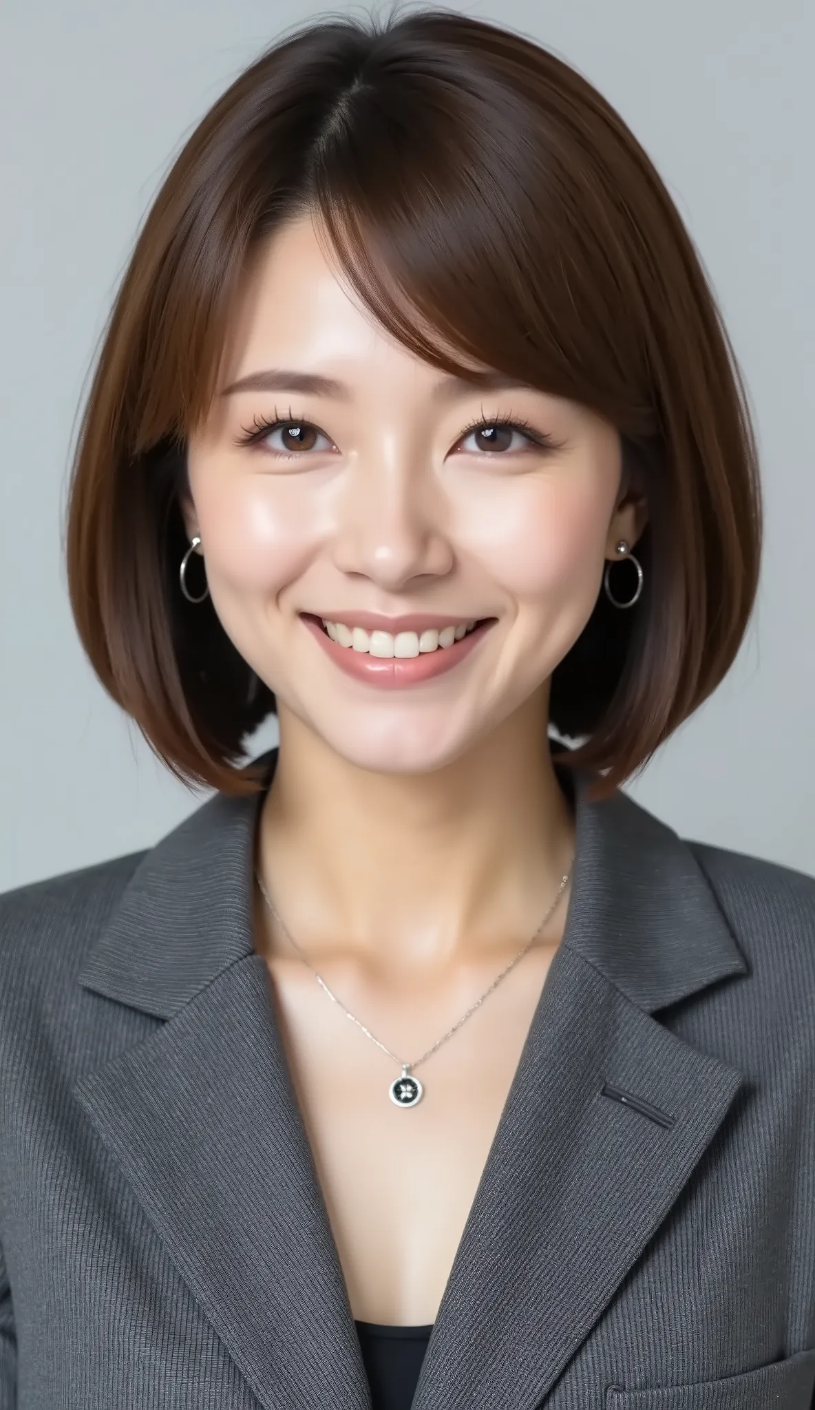 nsfw、From front、Japanese in a グレーcollarless suit、カメラ目線、22-year-old female minister、、A-line bob(angled bob・inverted bob)、、during regular press conference、(bust up shot:1.5)、ネックレス、耳にピアス、歯を見せた笑顔