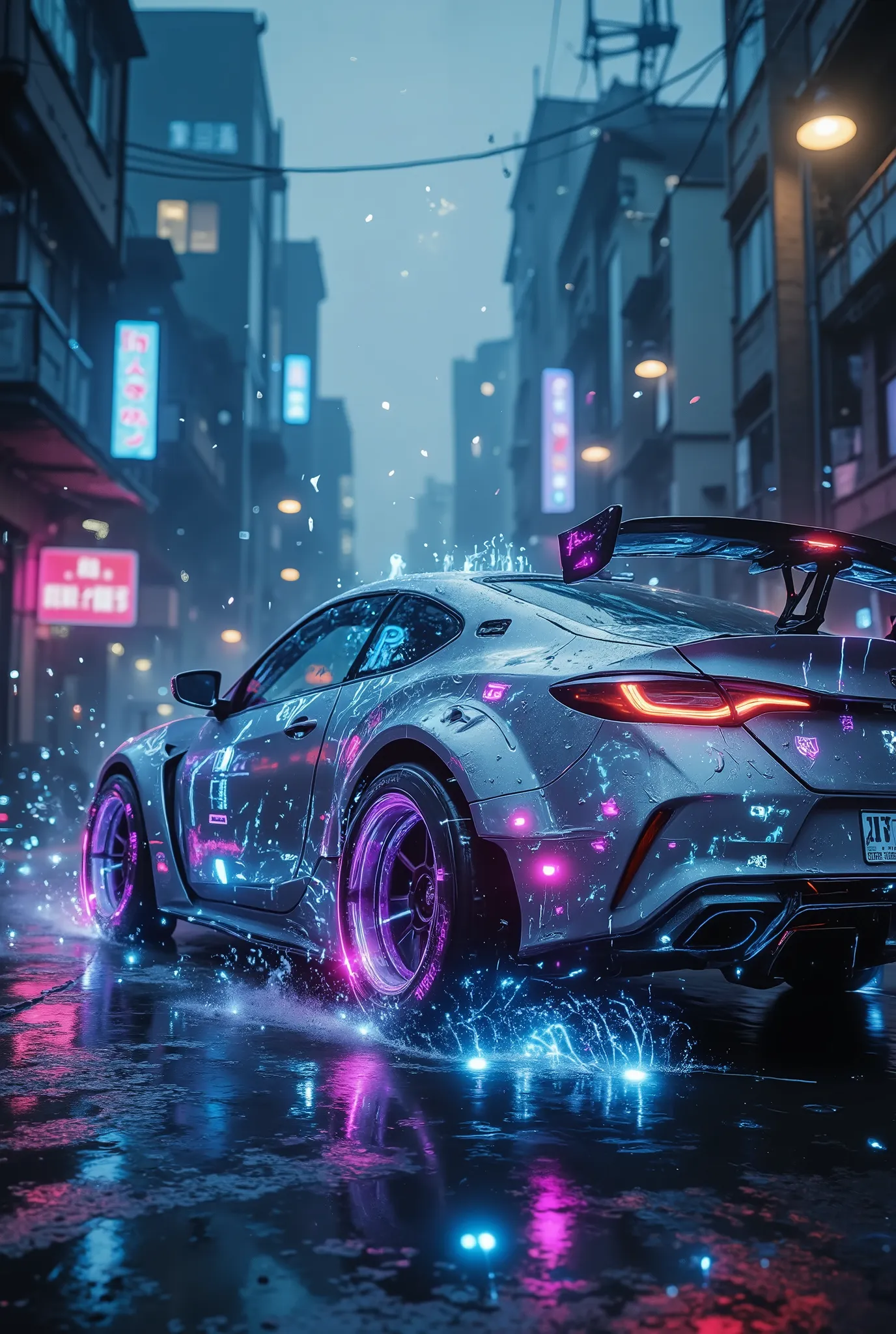 A highly detailed, cinematic close-up photograph of a luxurious, bright, silver-tinted drift car, the coupe Honda Civic 6th generation, with low suspension, turned-out wheels, spoiler dominating the frame, its sleek body decorated with mesmerizing bright n...