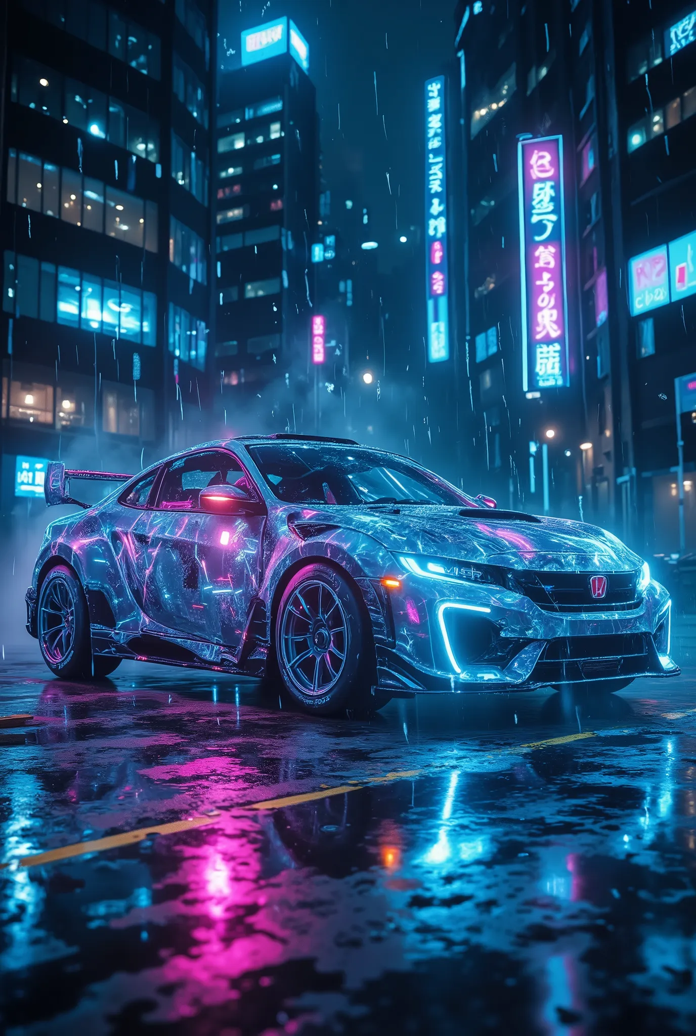 A highly detailed, cinematic close-up photograph of a luxurious, bright, silver-tinted drift car, the coupe Honda Civic 6th generation, with low suspension, turned-out wheels, spoiler dominating the frame, its sleek body decorated with mesmerizing bright n...