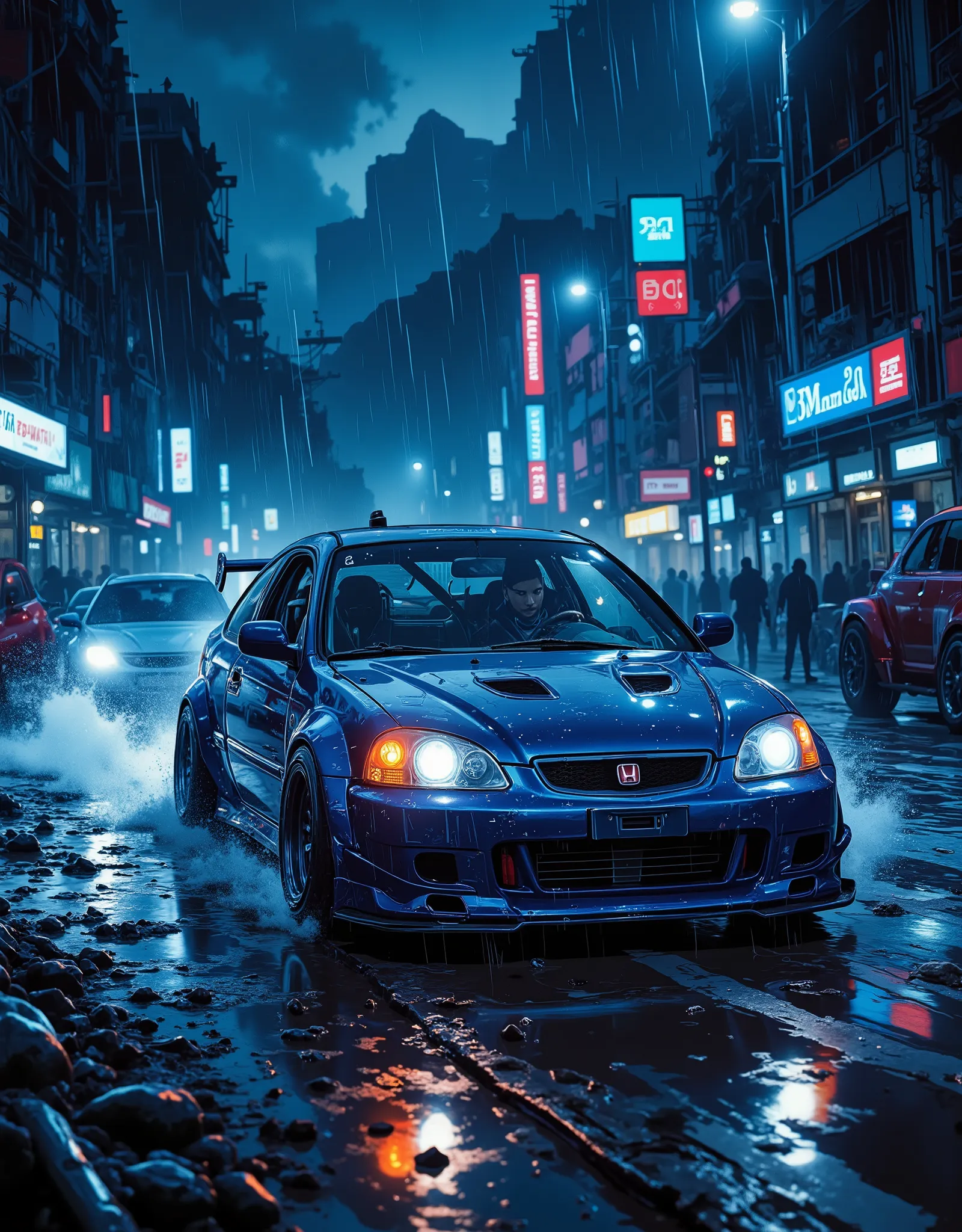 heavy rain, night, tuned 1998 Honda civic coupe, low suspension, sparkling, in color: RAL 5020 dark metallic Oceanic blue , heavy, wheels turned out, tires wide, tinted windows, male silhouette at the wheel, dynamic, in the middle of traffic, racing at top...