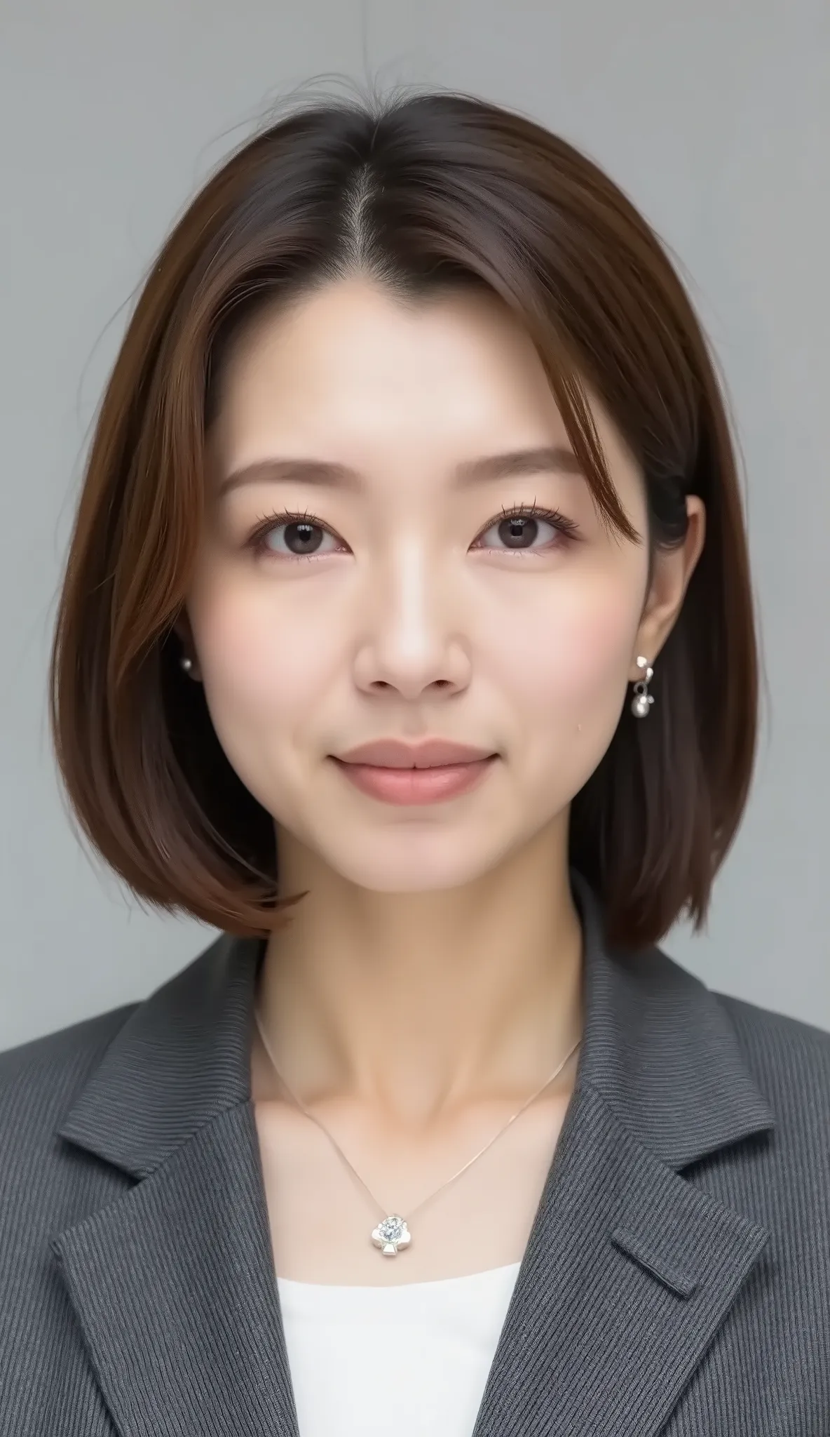 nsfw、From front、Japanese in a グレーcollarless suit、カメラ目線、22-year-old female minister、、A-line bob(angled bob・inverted bob)、、during regular press conference、(bust up shot:1.5)、ネックレス、耳にピアス、無表情