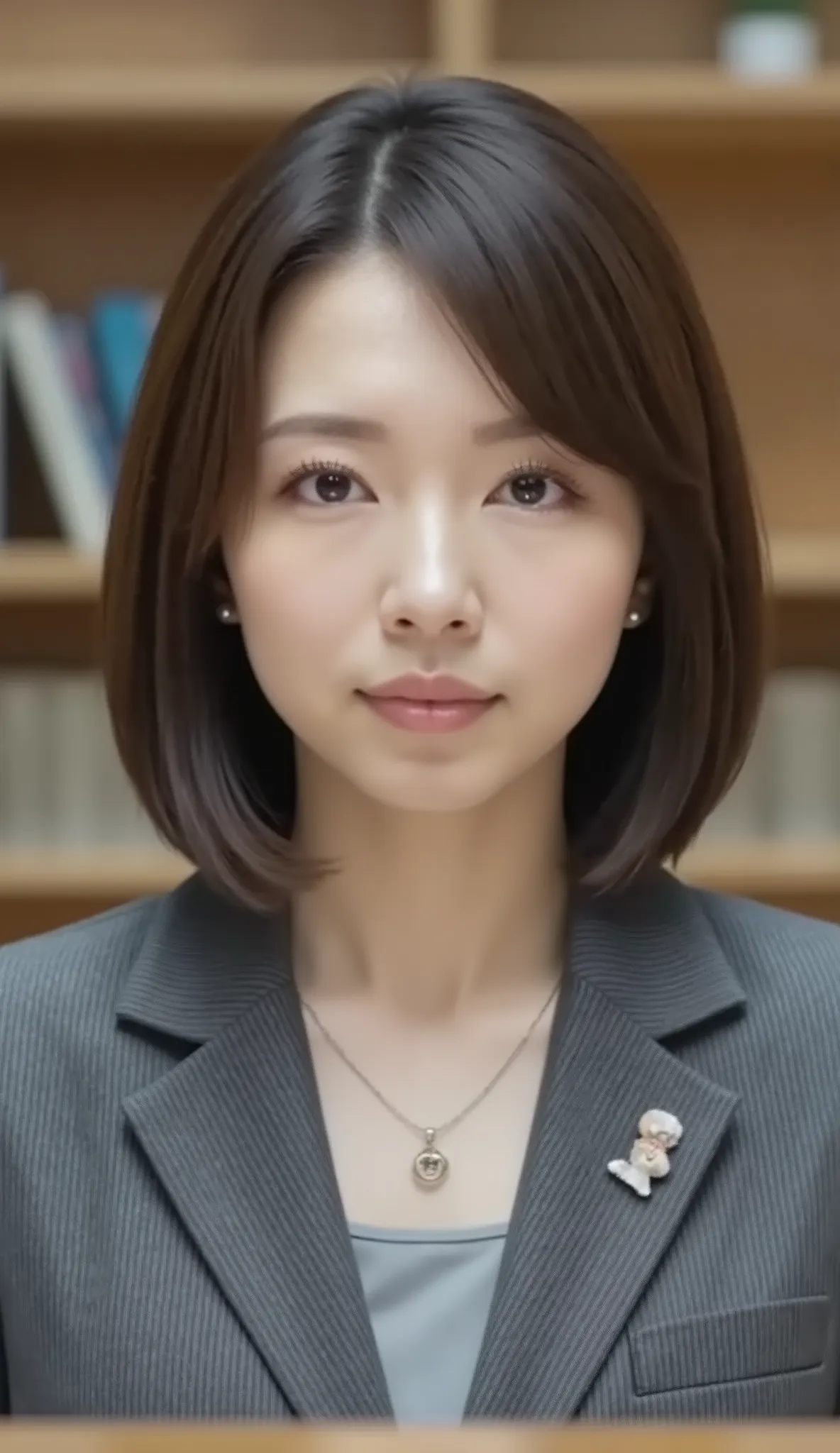 nsfw、From front、Japanese in a グレーcollarless suit、カメラ目線、22-year-old female minister、、A-line bob(angled bob・inverted bob)、、during regular press conference、(bust up shot:1.5)、黒髪、ネックレス、耳にピアス、無表情