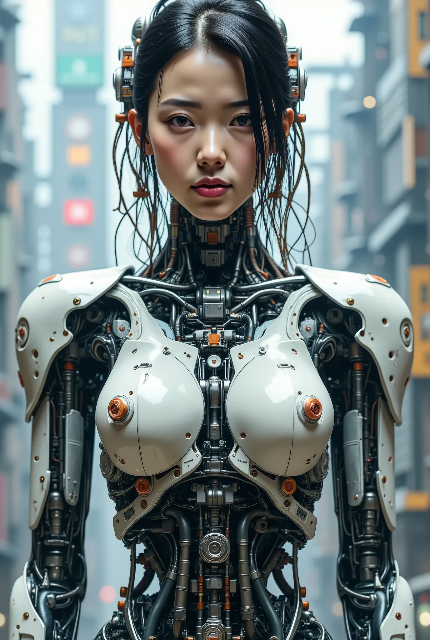 A cyborg girl with a beautiful Asian girl face, the rest of her body has transparent skin showing circuitry and hydraulics inside her body, surreal, futuristic, cyberpunk city background, high detail, masterpiece.