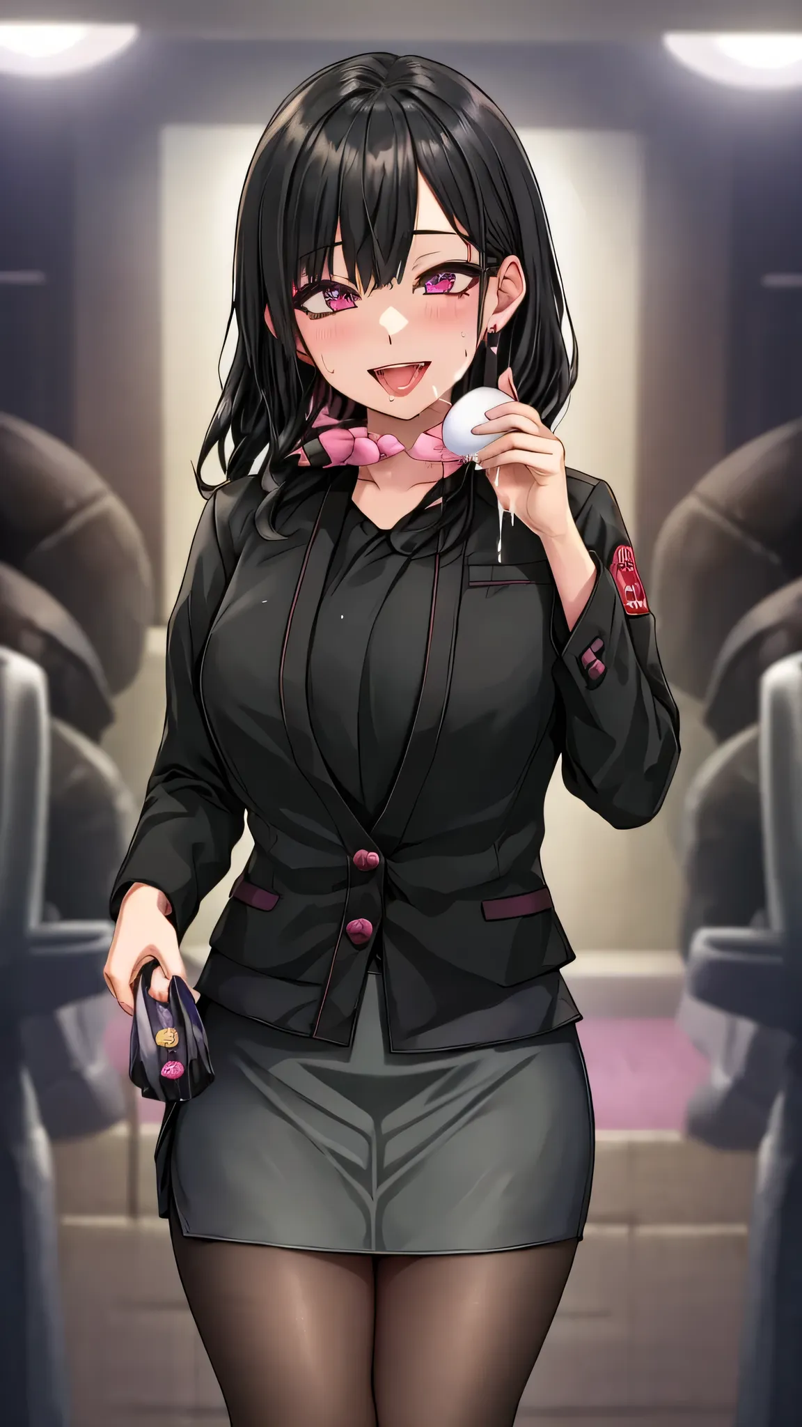 Holding an egg-shaped sex toy in his right hand, it is a half-translated pint, ((Sludgy liquid overflows)),Smiling Japanese Hotel staff,stand in Hotel front, black hair,(((light pink tailored jacket))), (((gray blouse))),(((crew neck))),(((gray skirt))),((...