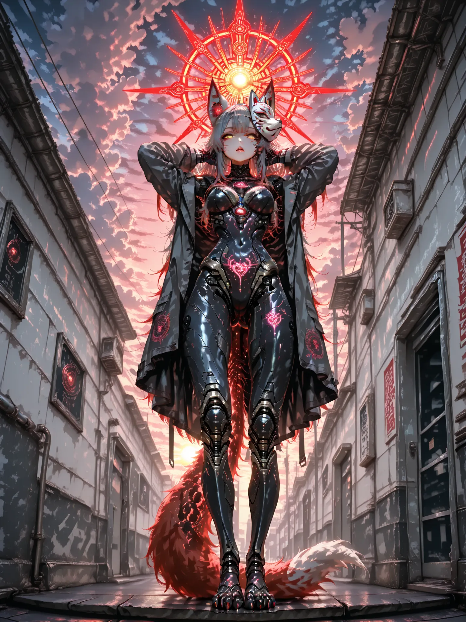 Cyborg Fox Girl , stands on a glider, suit built into his paws, wearing a fox mask, rococo,fox tail,Red-haired, sky, grey hair, long hair, animal ears, masterpiece, yellow eyes, narrow, eyes open lips, looks at the viewer, kimono, mantra print, outdoors, h...