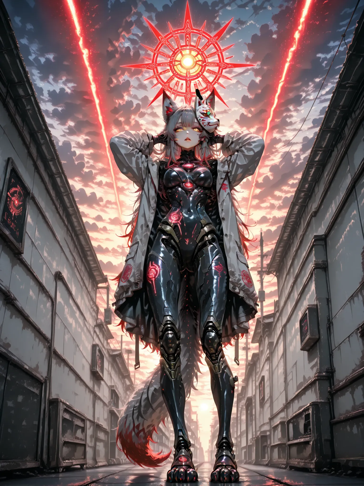 Cyborg Fox Girl , stands on a glider, suit built into his paws, wearing a fox mask, rococo,fox tail,Red-haired, sky, grey hair, long hair, animal ears, masterpiece, yellow eyes, narrow, eyes open lips, looks at the viewer, kimono, mantra print, outdoors, h...