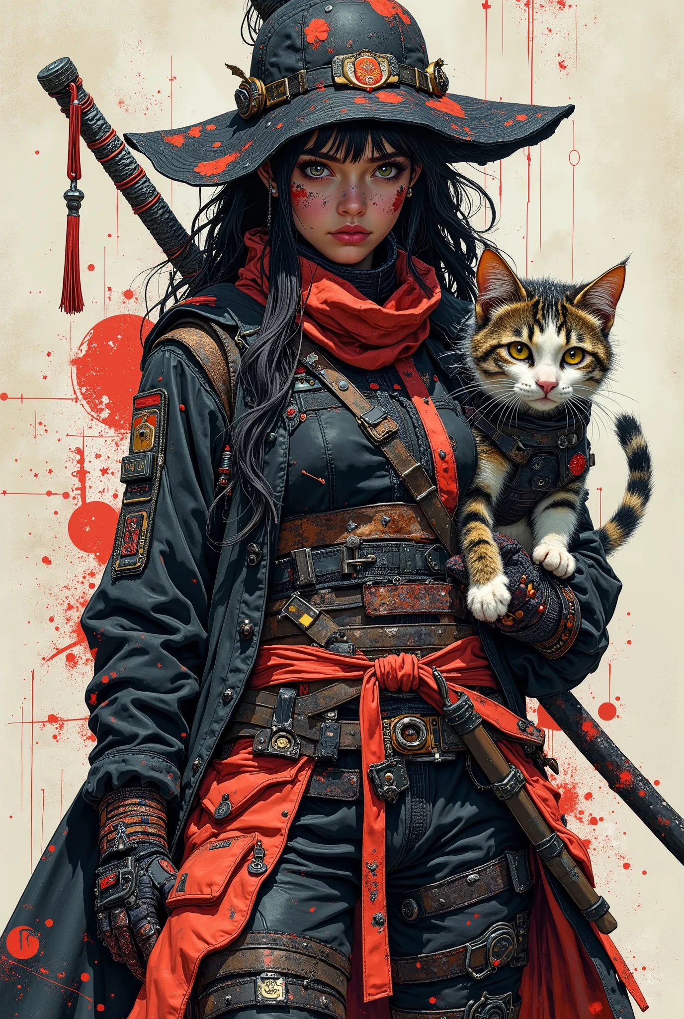 Kawai Samurai Cyberpunk Cyberware Goth girl with a ninja cat accompanying her on a stealth mission