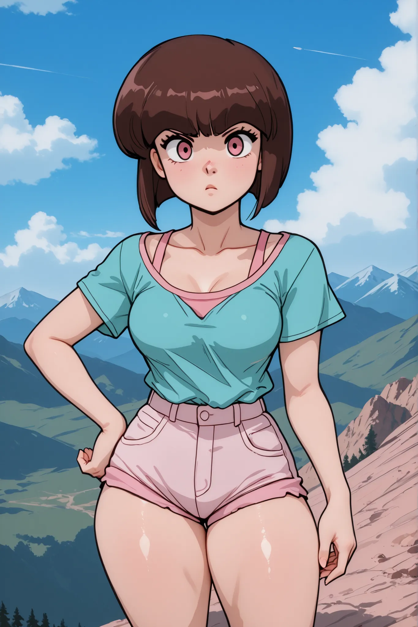 perfect face, feminine, (thick thighs:1.2), ((standing)), perfect body, medium breasts, sky cloud, mountain, Aqua shirt Pink undershirt Short shorts