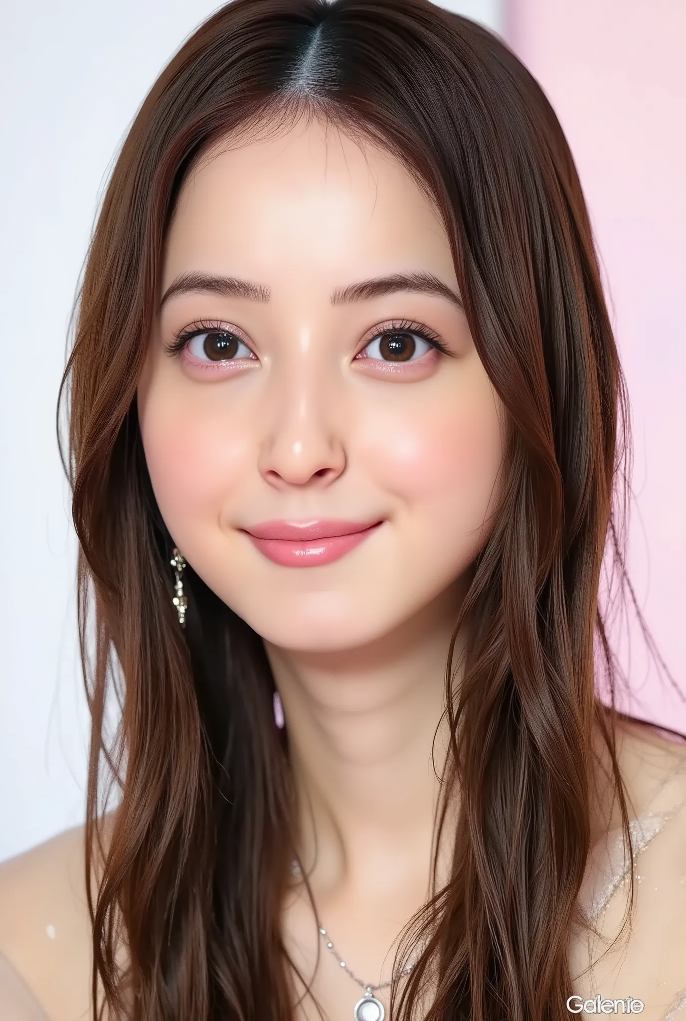 Nozomi sasaki with long black and brown hair cascading freely over her shoulders, enhancing the seductive allure of her presence. large nude breasts, very deep cleavage, erect nipples, big hips, thick pubic hair, full bush. Nozomi washing herself fully nud...