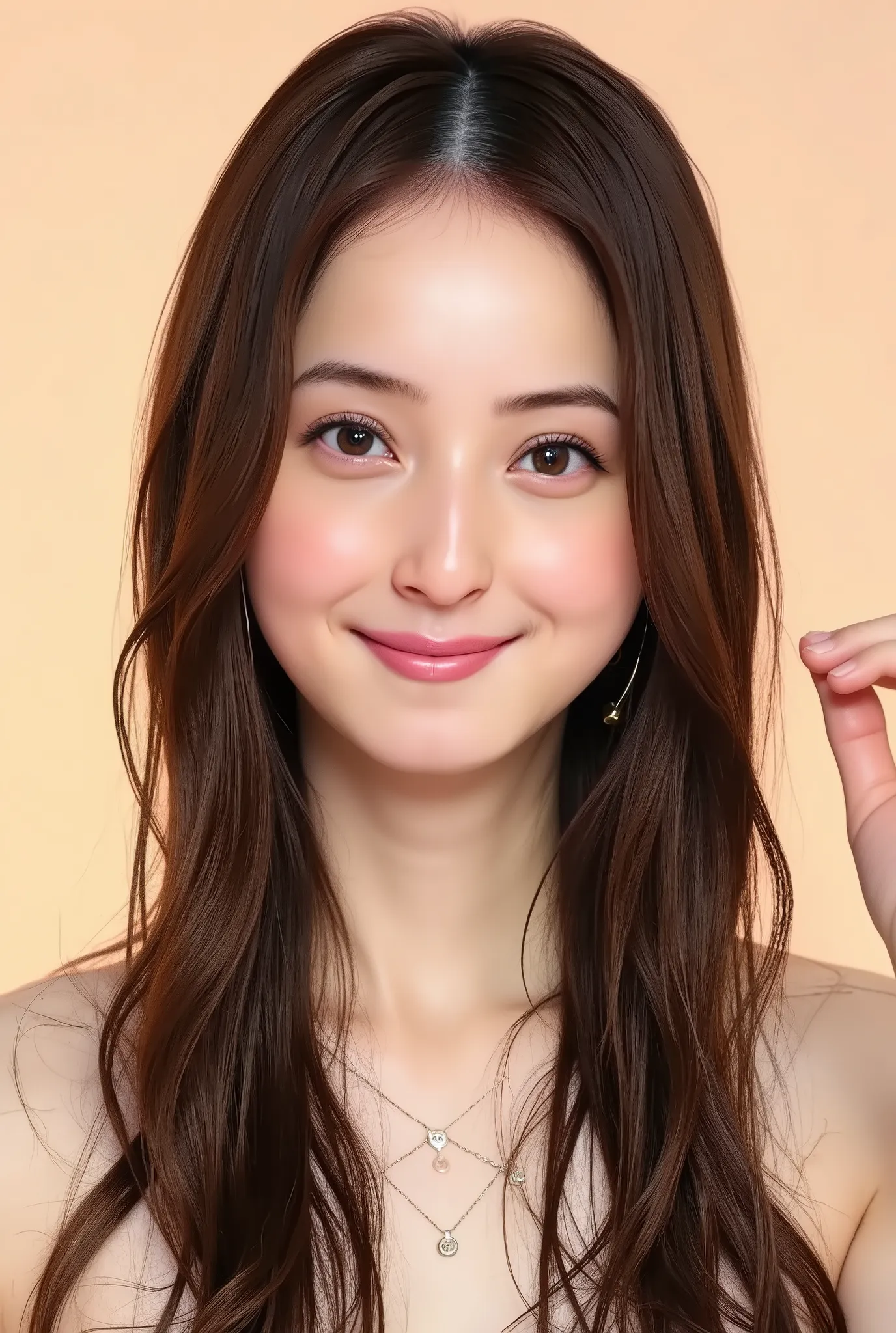 Nozomi sasaki with long black and brown hair cascading freely over her shoulders, enhancing the seductive allure of her presence. large nude breasts, very deep cleavage, erect nipples, big hips, thick pubic hair, full bush. Nozomi washing herself fully nud...