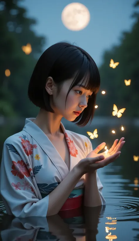 (8k), (best quality), RAW photo, (photo realistic:1.4), very detailed, Very cute Japanese girl,(very thin), (Profile of a very short high school girl), ((Straight Bob Cut)) , ((wearing a beautiful floral kimono and is in a waist-deep pond)), looking back,...