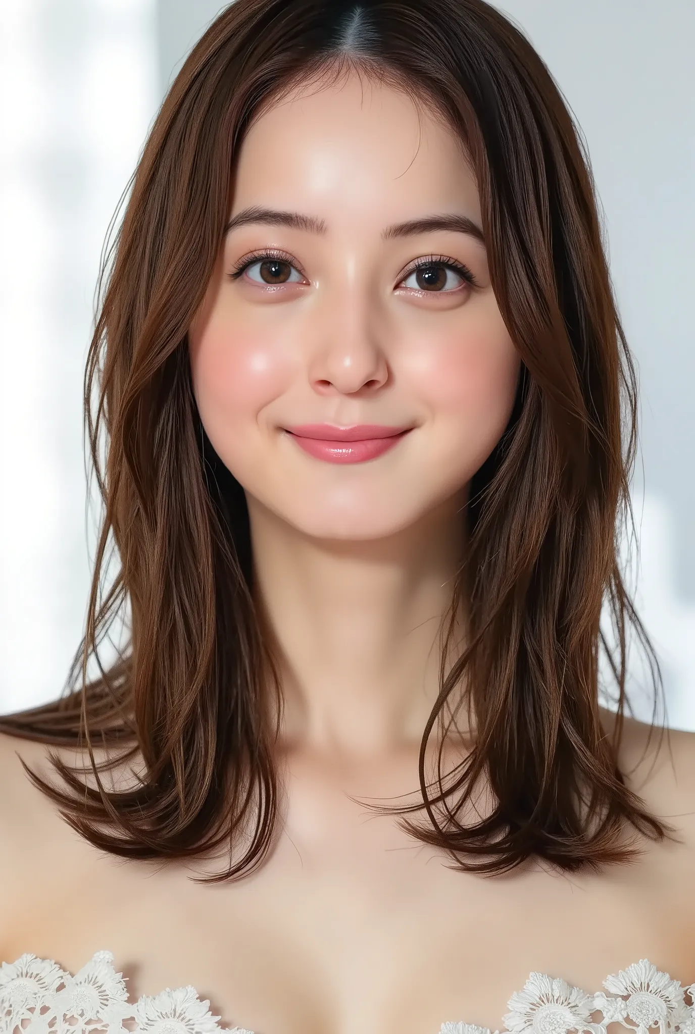 Nozomi sasaki with long black and brown hair cascading freely over her shoulders, enhancing the seductive allure of her presence. large nude breasts, very deep cleavage, erect nipples, big hips, thick pubic hair, full bush. Nozomi washing herself fully nud...