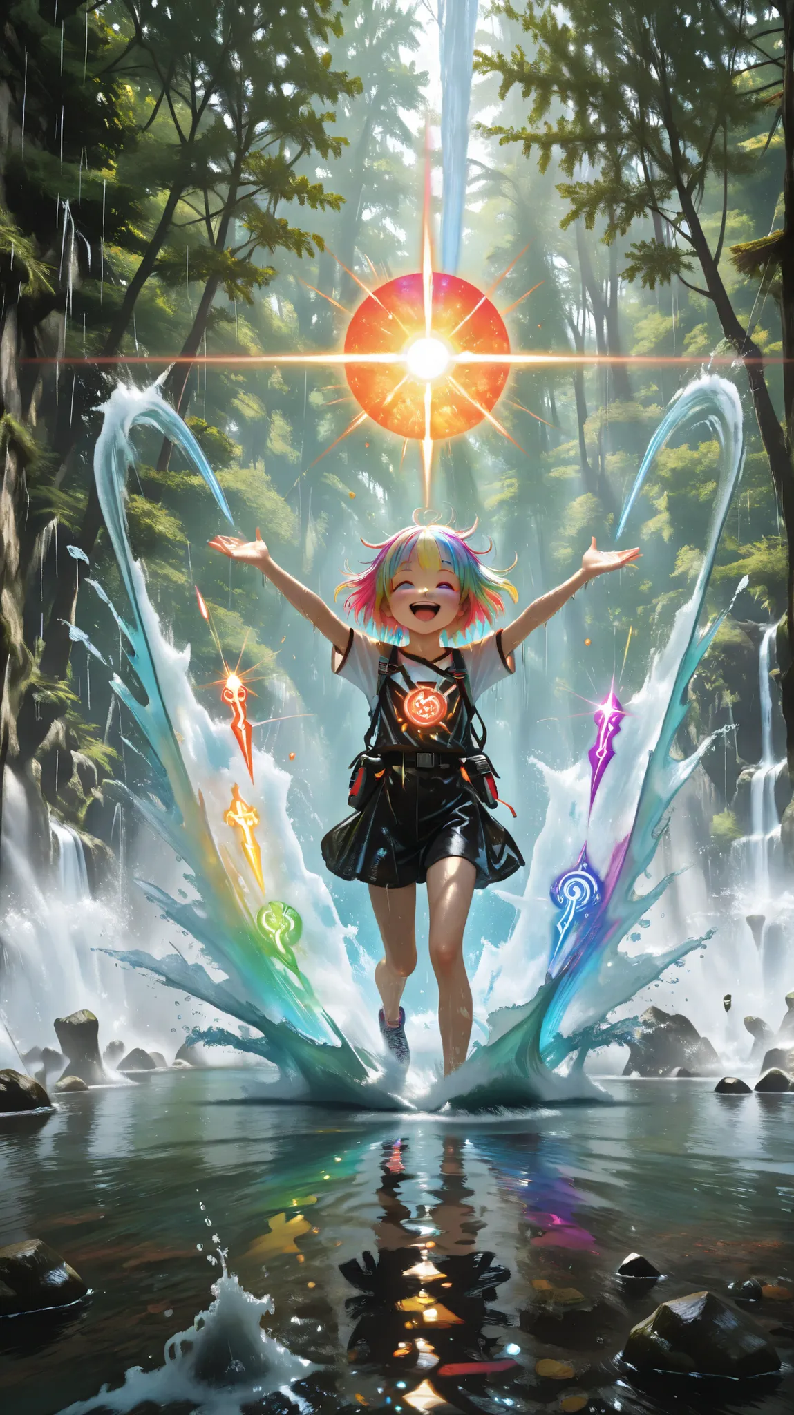 epic scene, where children laugh happily, fighting huge water spells, captured at that explosive moment, when two giant water spells currents collide in the air, splashes of water, flying in all directions. Several children are in the center of the action,...