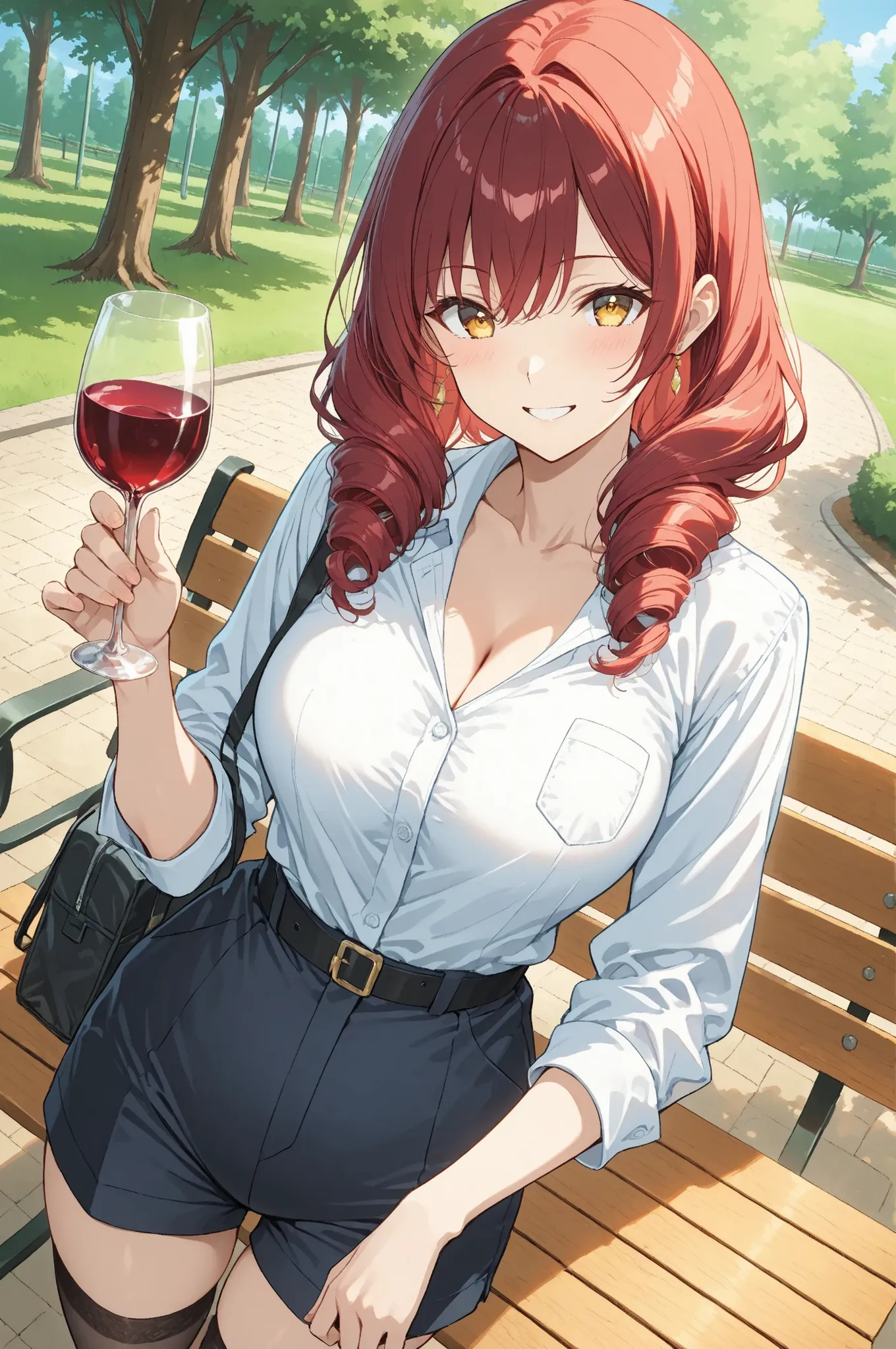 park_bench_seating_comfort_individualization_attendant_scene:
  base: masterpiece, anime artwork, score_9_up, 1girl, 20yo Japanese woman, from an angle, upper body shot, detailed flat anime style
  BREAK
  hair: (deep red wine hair:1.3), curly hair with ou...