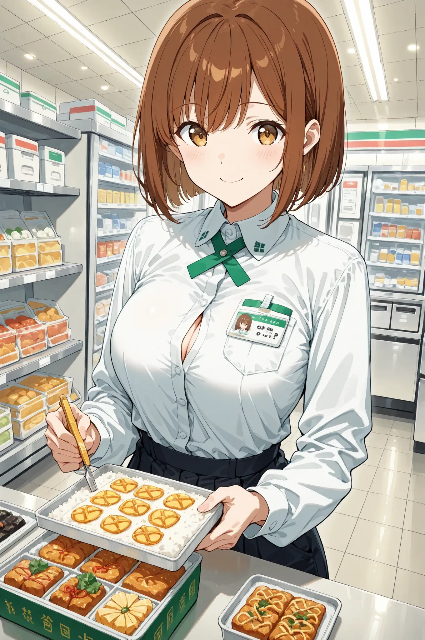 convenience_store_bento_wrapper_triangle_fold_specialist_scene:
  base: masterpiece, anime artwork, score_9_up, 1girl, 20yo Japanese woman, from an angle, upper body shot, detailed flat anime style
  BREAK
  hair: (chestnut brown hair:1.3), bob cut with pa...