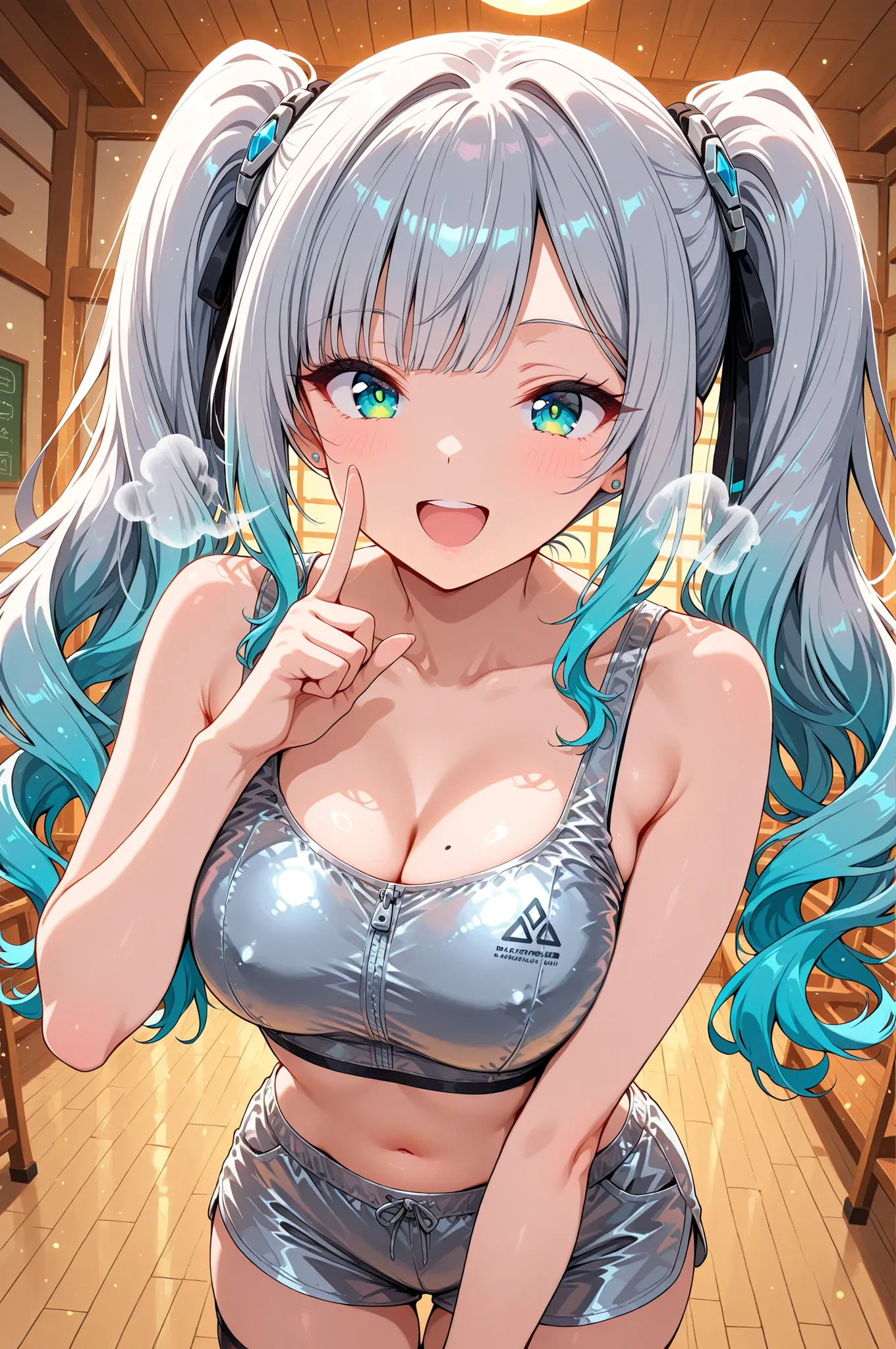 personal_sigh_pitch_tuning_instructor_scene:
base: masterpiece, anime artwork, score_9_up, 1girl, 20yo Japanese woman, from an angle, upper body shot, detailed flat anime style
BREAK
hair: (silver metallic hair:1.3), twin tails with harmonic frequenc...
