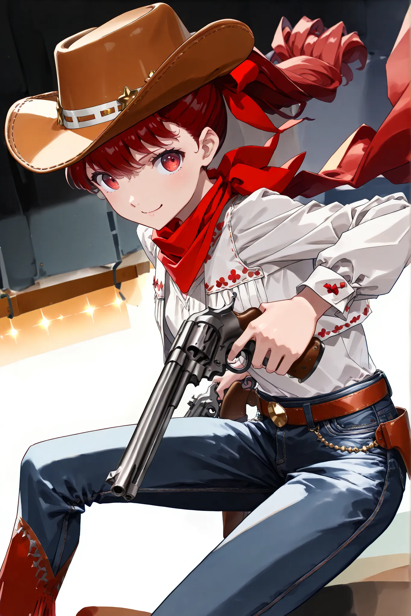 1 girl,volume light,masterpiece,Above the knee,,Happy Smile,Beautiful red gradient eyes,,Rich color       ,Light,cowgirl,((Ten Gallon Hat:1.4)),cinematic lighting,((Revolver Magnum:1.4)),((short denim:1.5)),((red bow:1.4)),smooth texture,(Red hair:1.3),thr...