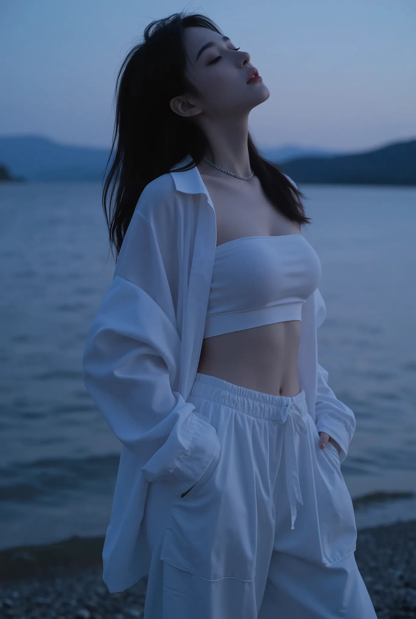 A young woman stands on the shore of a tranquil lake at sunset, her head thrown back with her chin held high, her hair gently flowing in the breeze. (((She has a slender, slightly athletic build, dressed entirely in white: a tight white crop top that revea...