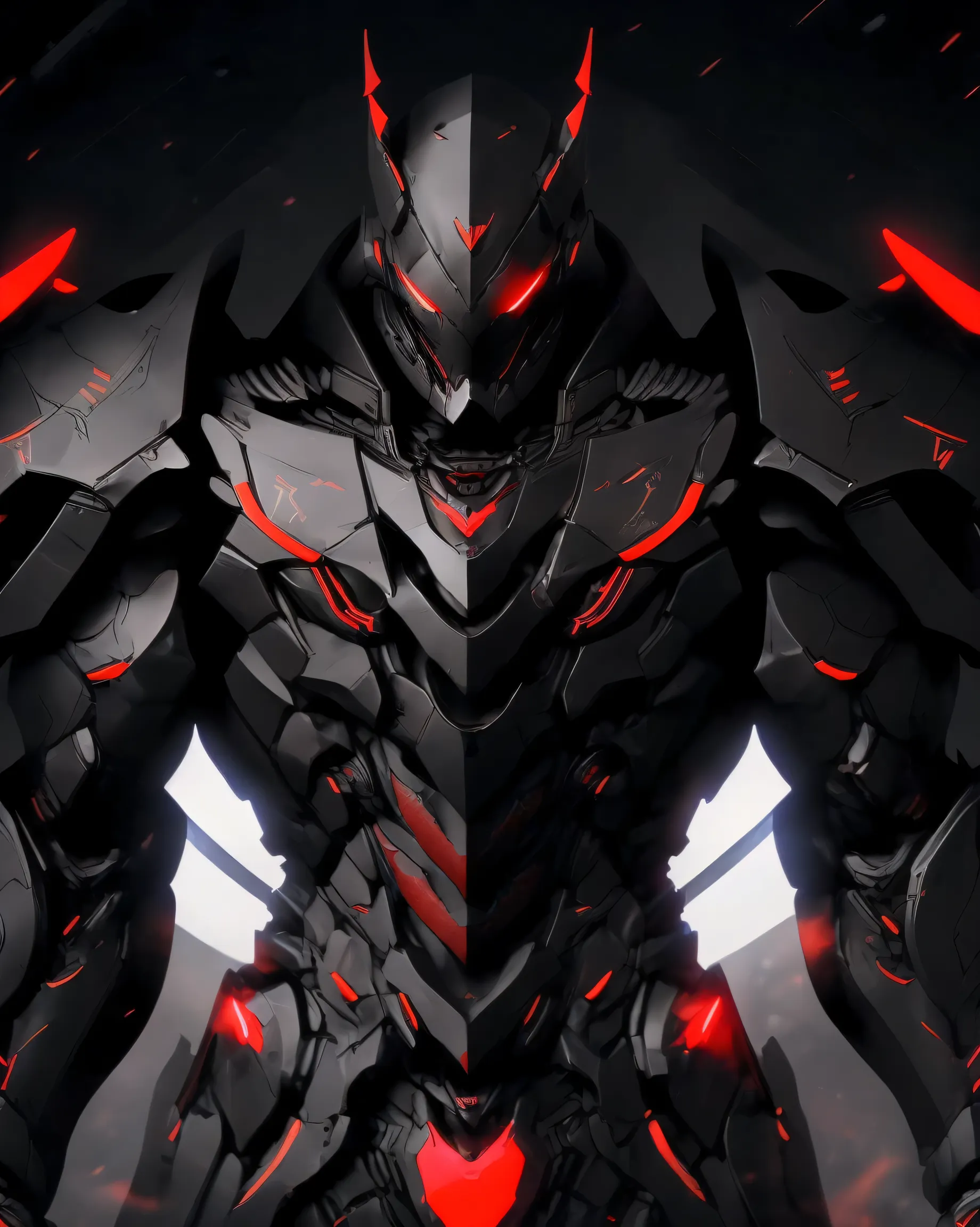 a close up of a person in a suit of armor,has a red light, black and  red armor, Futuristic Armor, black armor, Dark armor, black and red reflective armor, Corrupted Armor, ,  red armor,  Demon Armor , Dark Futurism, complex assassin mech armor, angular me...