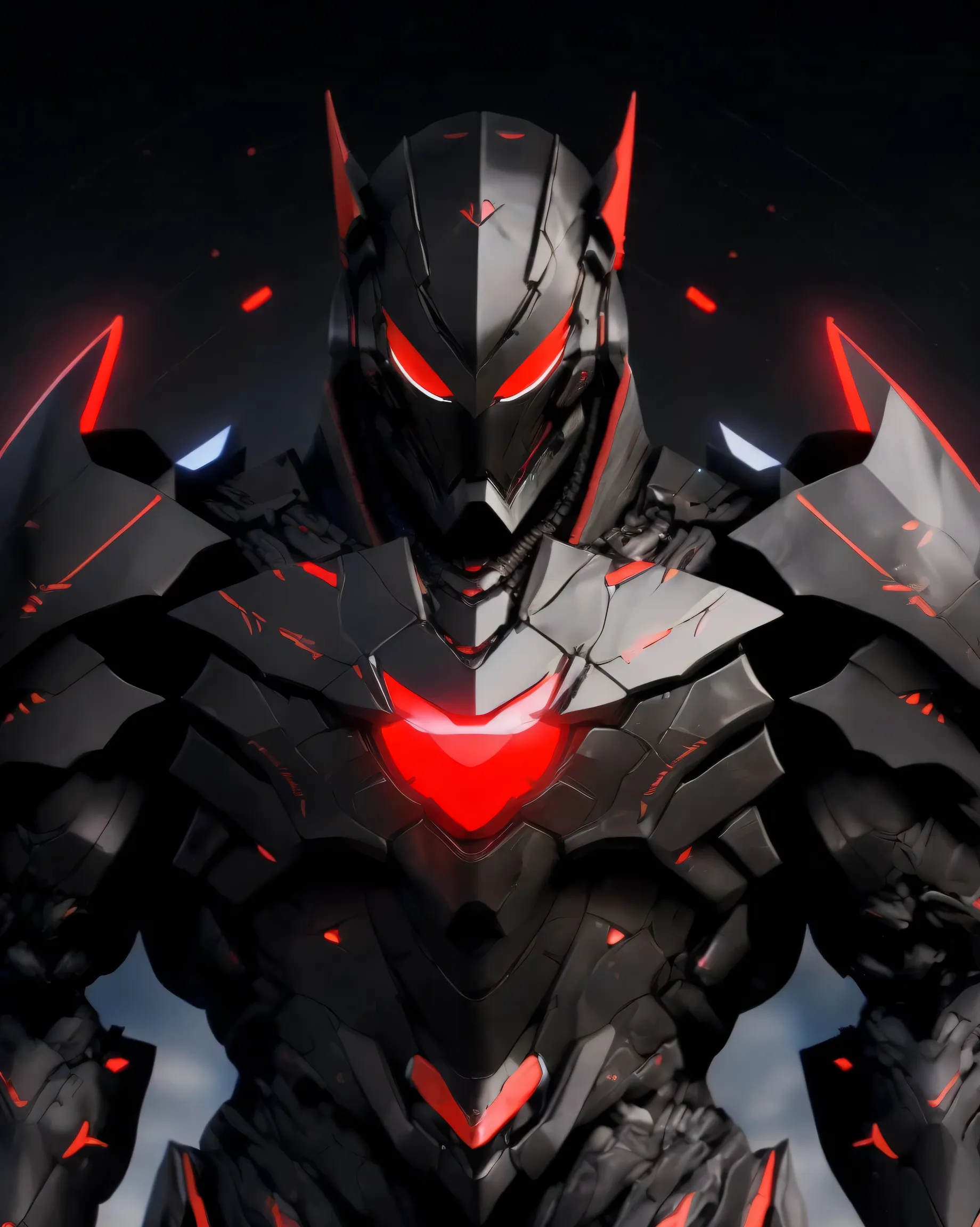 a close up of a person in a suit of armor,has a red light, black and  red armor, Futuristic Armor, black armor, Dark armor, black and red reflective armor, Corrupted Armor, ,  red armor,  Demon Armor , Dark Futurism, complex assassin mech armor, angular me...