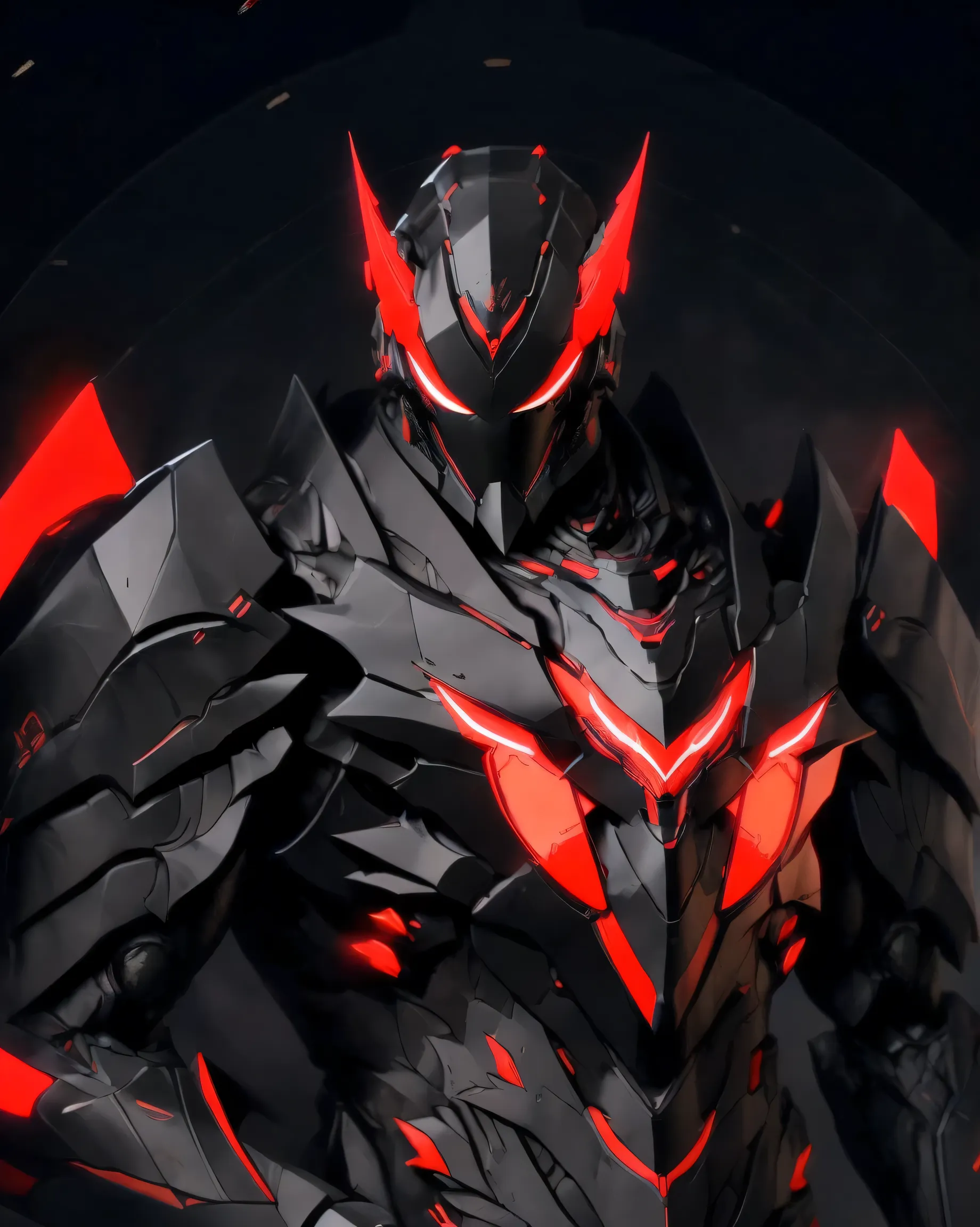 a close up of a person in a suit of armor,has a red light, black and  red armor, Futuristic Armor, black armor, Dark armor, black and red reflective armor, Corrupted Armor, ,  red armor,  Demon Armor , Dark Futurism, complex assassin mech armor, angular me...