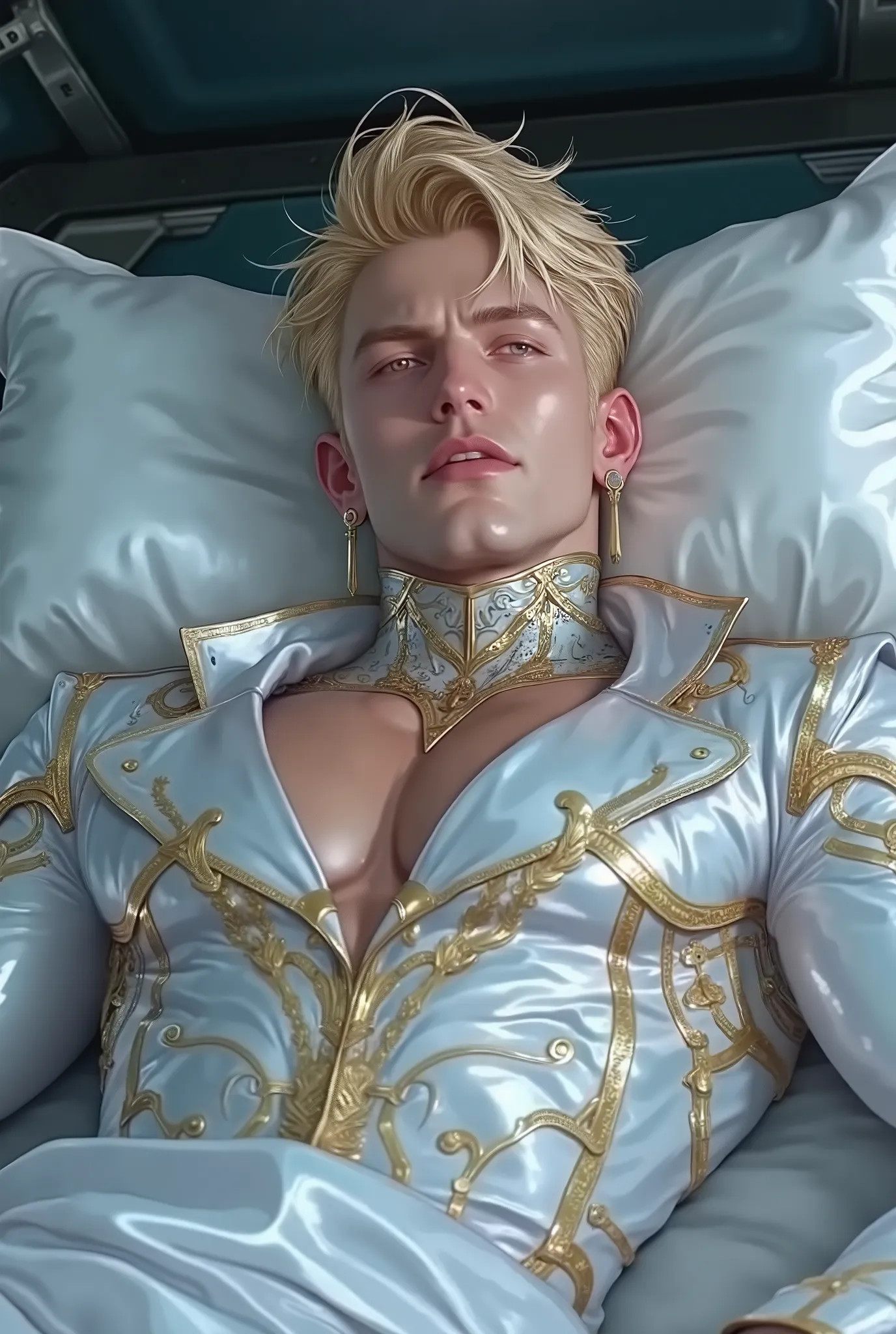 hyperrealism. high, style very beautiful, male, strong figure , powerful , height 190, wearing a high-tech space-fitting fabric suit, his muscles that accentuate his muscles . open torso. The suit has a golden filigree . Man with almond blue eyes. he i...