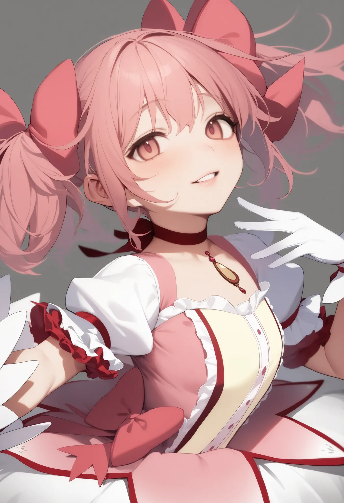 masterpiece,best quality,very aesthetic,absurdres,1girl, absurdres, grey_background, highres, kaname_madoka, looking_at_viewer, medium_hair, multicolored_background, multiple_hair_bows, parted_lips, pink_bow, pink_dress, pink_eyes, pink_gemstone, pink_hair...