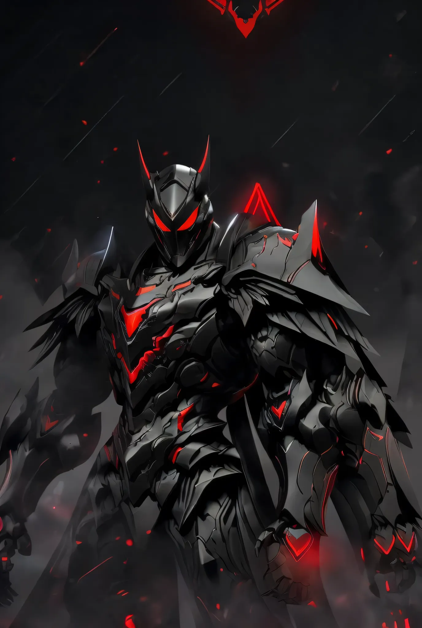 a close up of a person in a suit of armor,has a red light, black and  red armor, Futuristic Armor, black armor, Dark armor, black and red reflective armor, Corrupted Armor, ,  red armor,  Demon Armor , Dark Futurism, complex assassin mech armor, angular me...