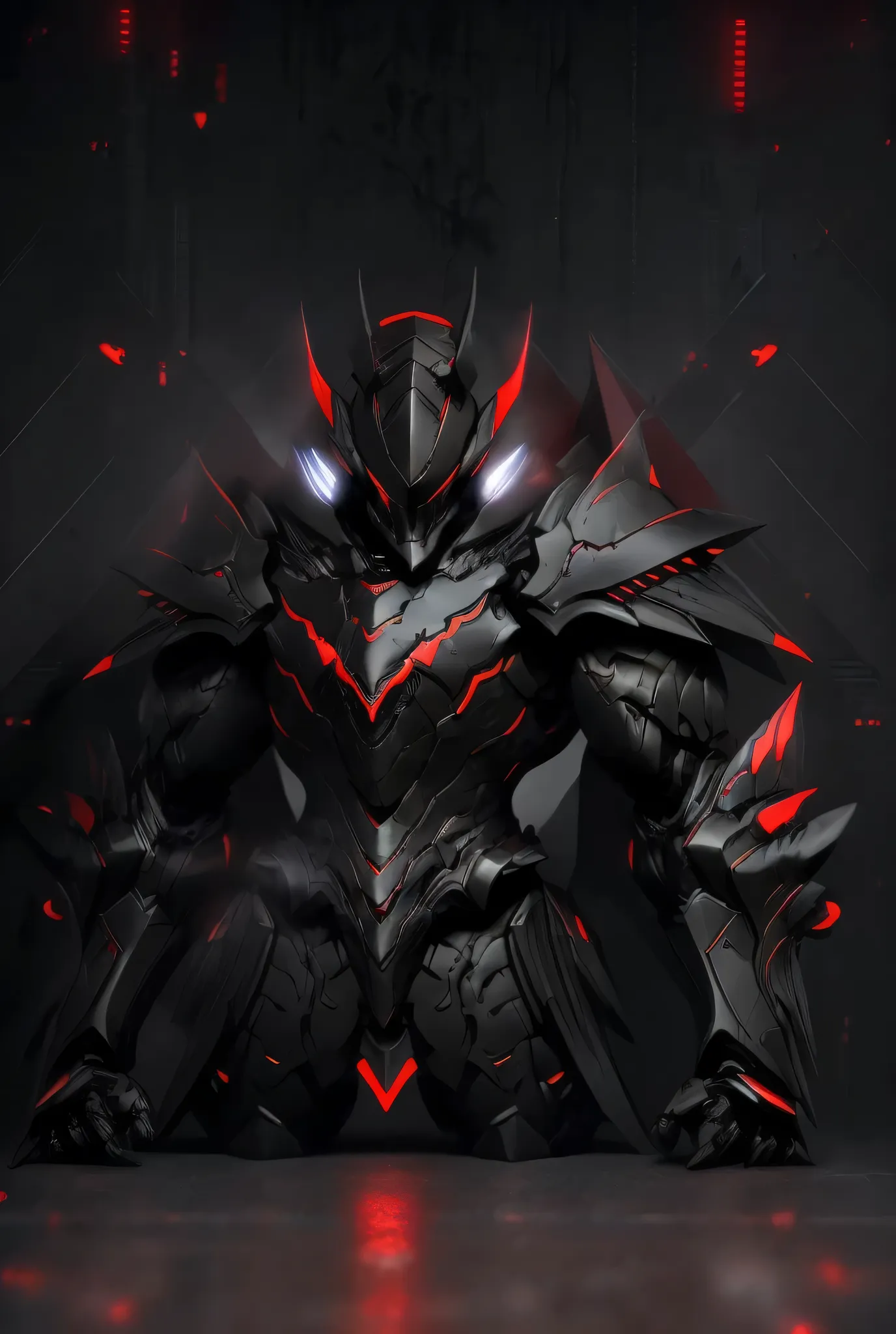 a close up of a person in a suit of armor,has a red light, black and  red armor, Futuristic Armor, black armor, Dark armor, black and red reflective armor, Corrupted Armor, ,  red armor,  Demon Armor , Dark Futurism, complex assassin mech armor, angular me...