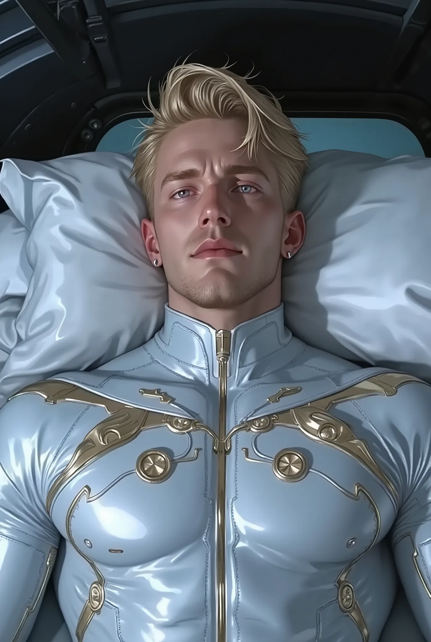 hyperrealism. high, style very beautiful, male, strong figure , powerful , height 190, wearing a high-tech space-fitting fabric suit, his muscles that accentuate his muscles . open torso. The suit has a golden filigree . Man with almond blue eyes. he i...
