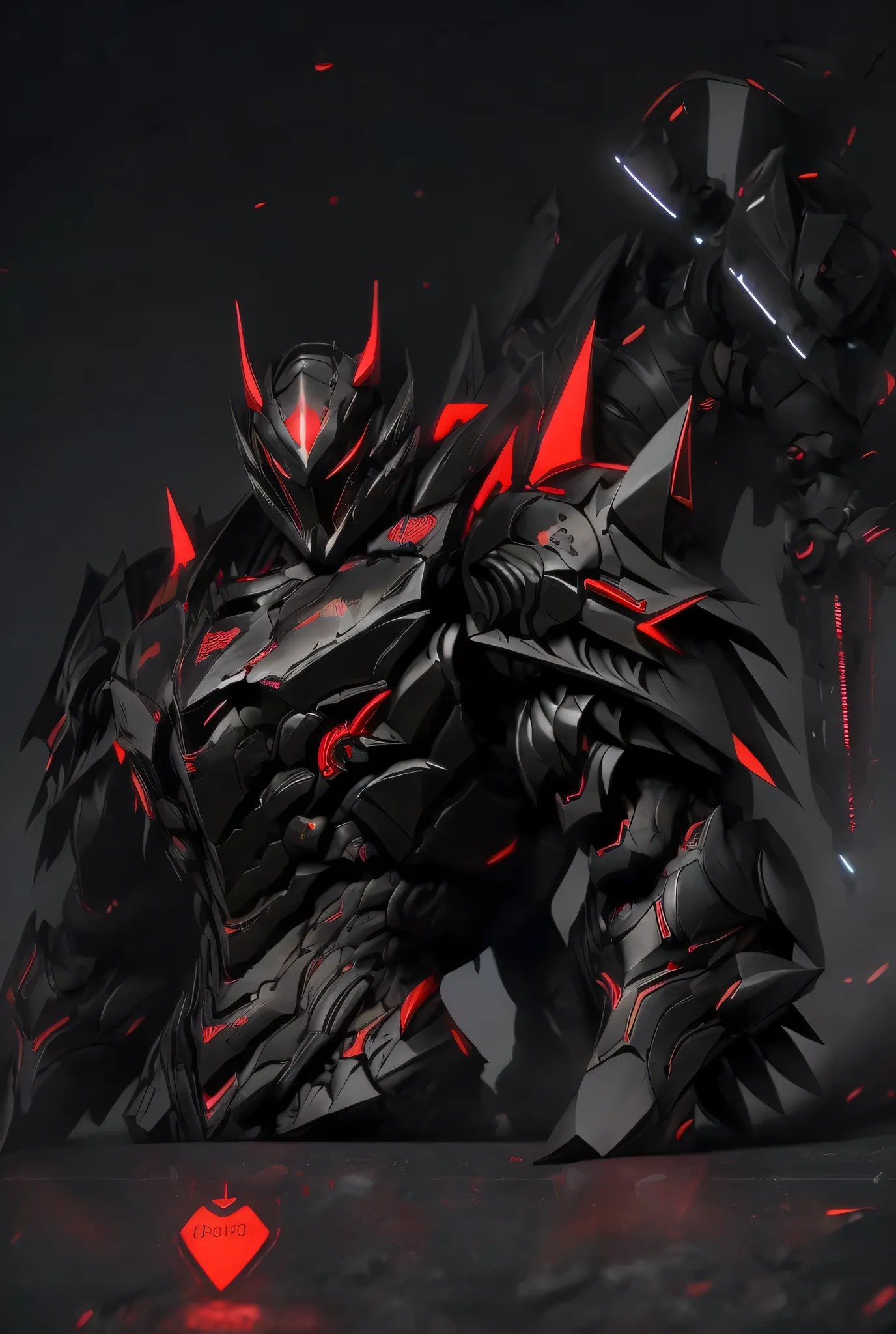 a close up of a person in a suit of armor,has a red light, black and  red armor, Futuristic Armor, black armor, Dark armor, black and red reflective armor, Corrupted Armor, ,  red armor,  Demon Armor , Dark Futurism, complex assassin mech armor, angular me...