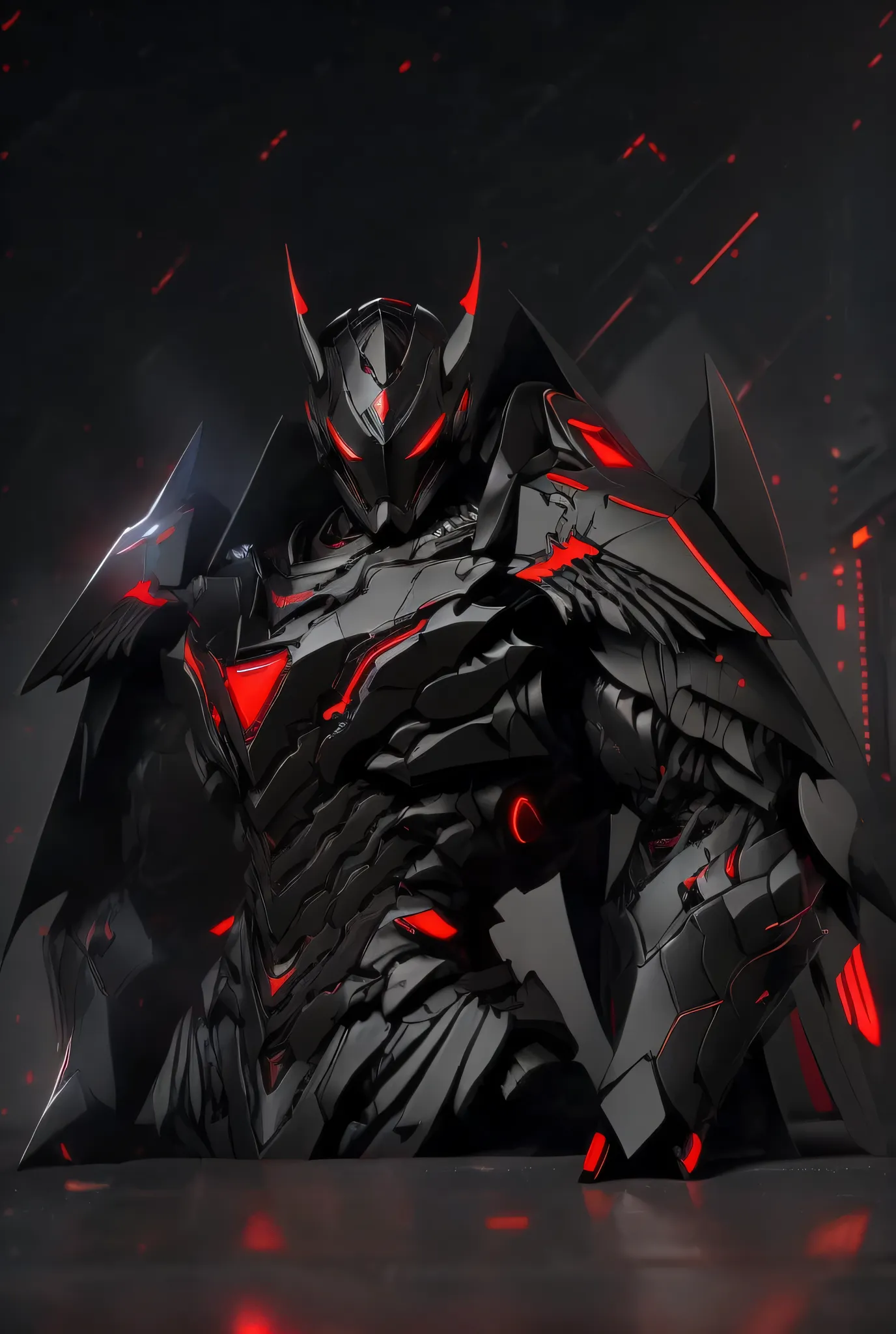 a close up of a person in a suit of armor,has a red light, black and  red armor, Futuristic Armor, black armor, Dark armor, black and red reflective armor, Corrupted Armor, ,  red armor,  Demon Armor , Dark Futurism, complex assassin mech armor, angular me...