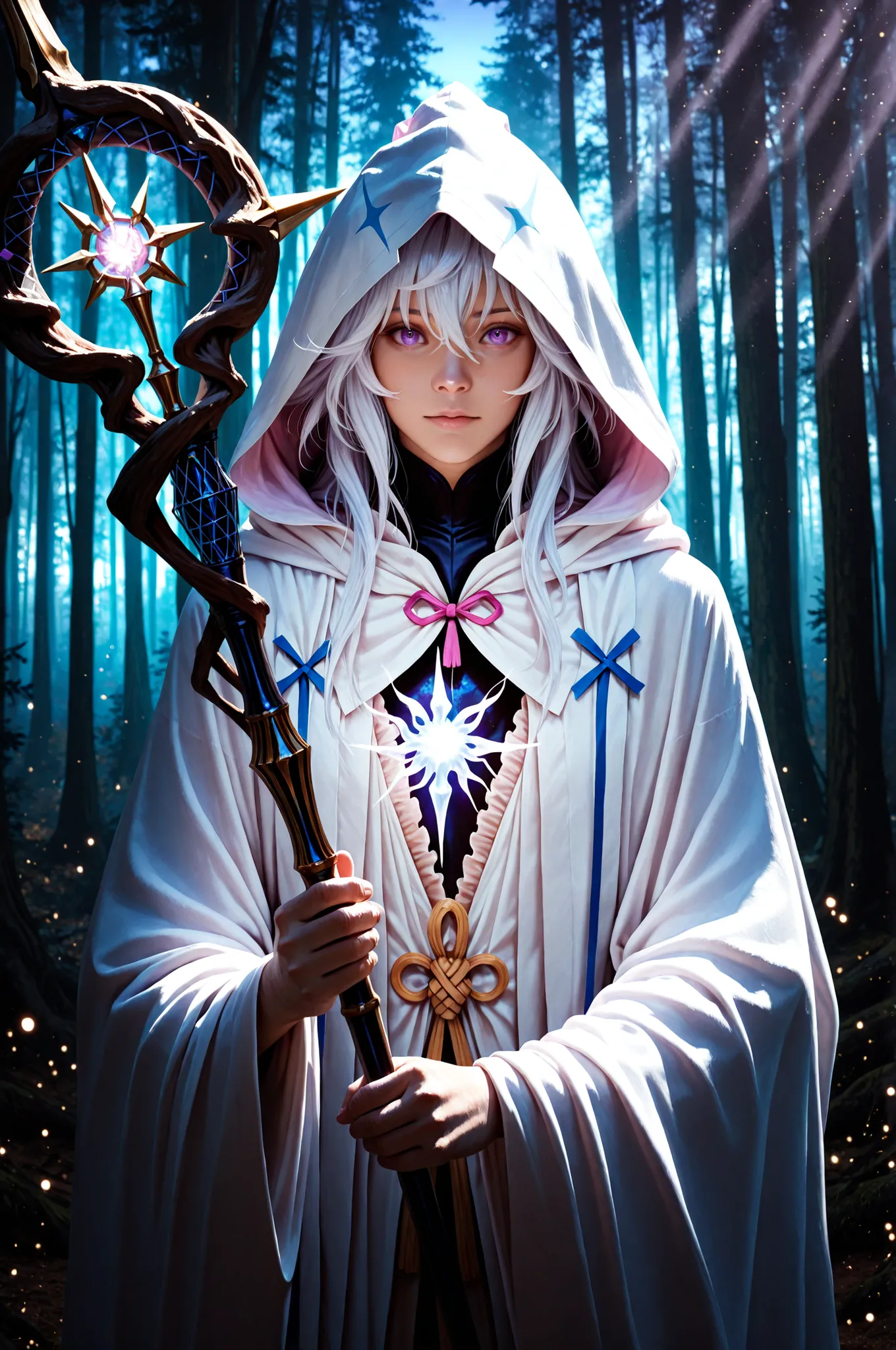 masterpiece, best quality, photorealistic, 1boy, merlin, fate/grand order, purple eyes, white long hair, hair between eyes, white robe, hooded, magic staff, forest background, mysterious atmosphere, looking at viewer, twilight rays, misty forest, magical g...