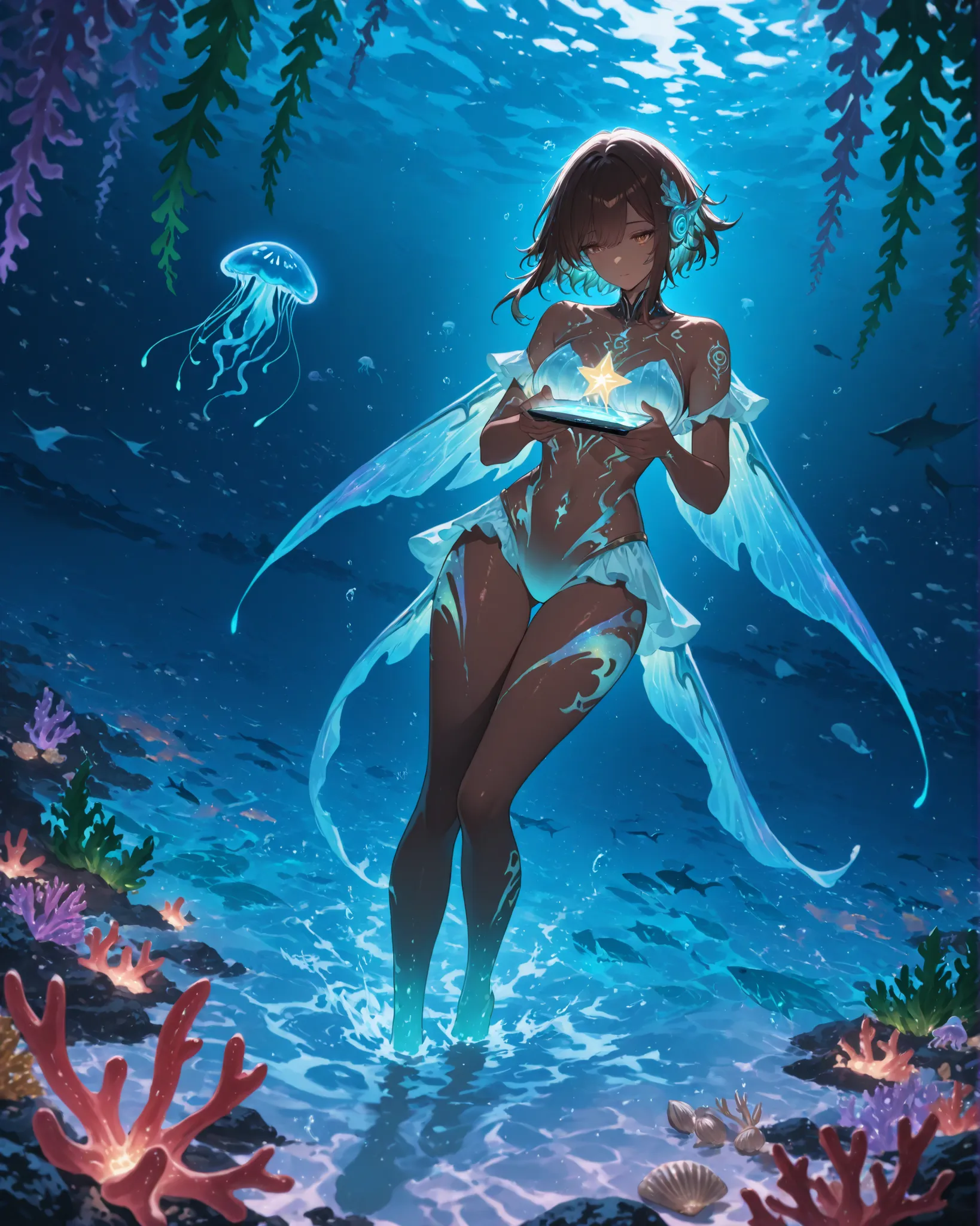  Masterpiece, detailed image, vivid colors, 4k, cinematographic photography, dynamic angle, perfect human anatomy, in a cute chibi androgynous sea-themed mascot girl with dark brown or bronze skin, glowing with nacreous undertones. Her hair flows like seaw...