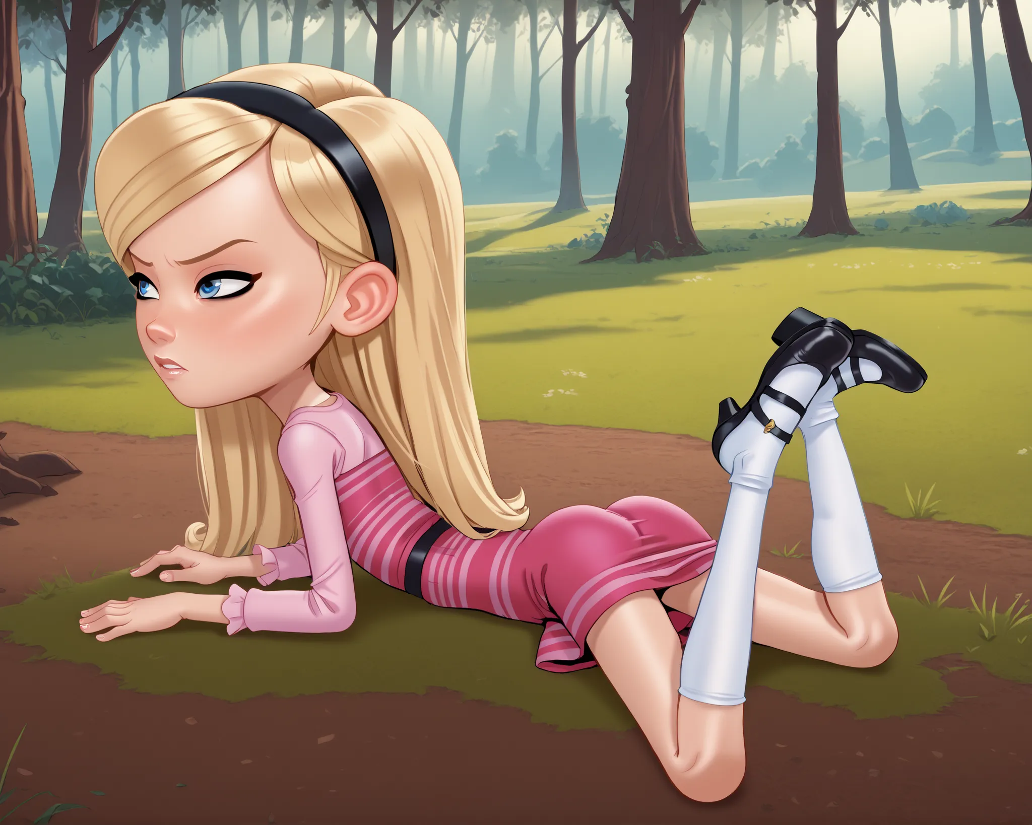 1girl, solo, full body, penny peterson, long hair, blue eyes, 3d, blonde hair, skirt, hairband, black hairband, white socks, dress, pink dress, long sleeves, Andystyle, Butt Clench, ((woods)), dress damaged, defeated, Eyes Closed, painfull, straight-on, ly...