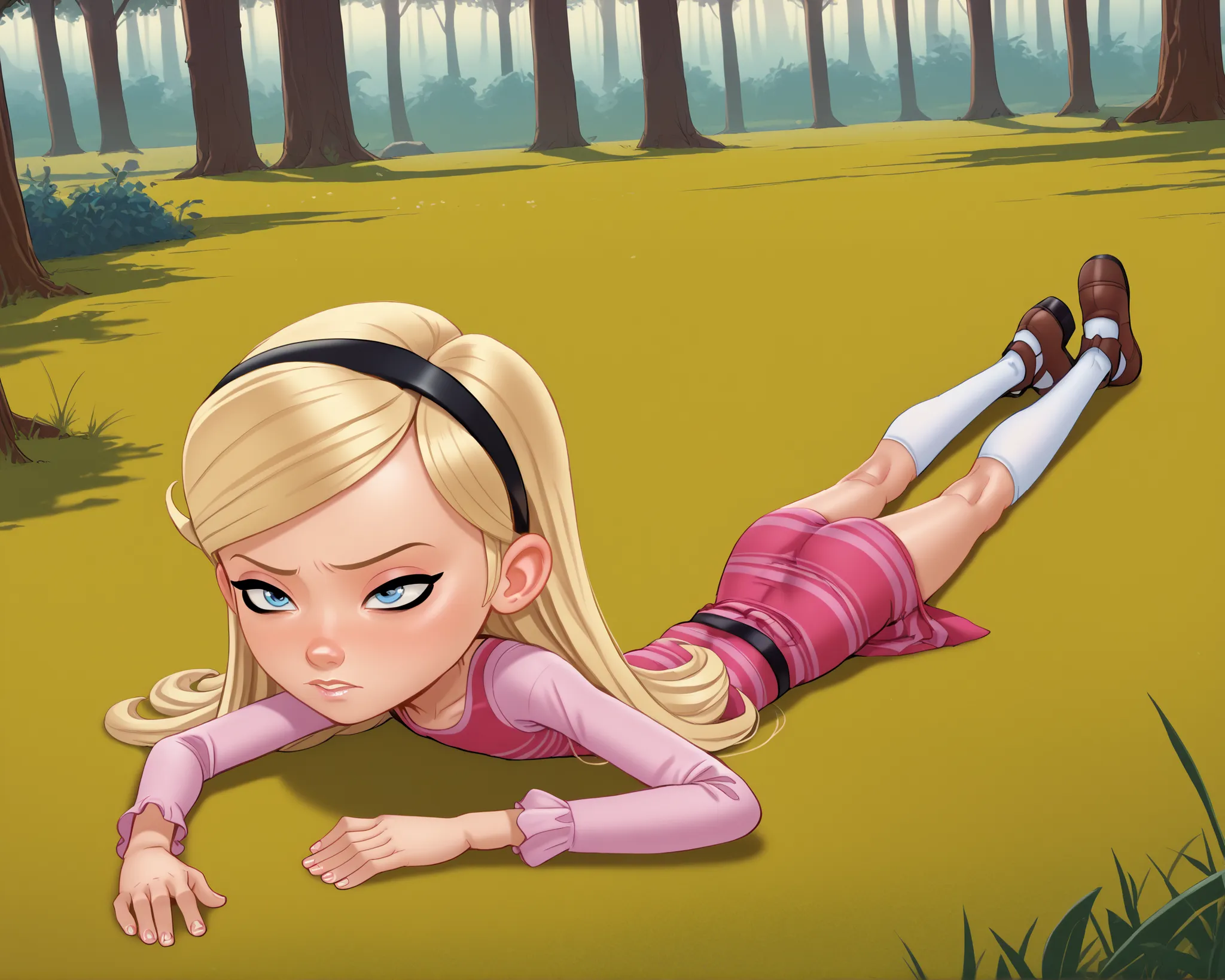 1girl, solo, full body, penny peterson, long hair, blue eyes, 3d, blonde hair, skirt, hairband, black hairband, white socks, dress, pink dress, long sleeves, Andystyle, Butt Clench, ((woods)), dress damaged, defeated, Eyes Closed, painfull, straight-on, ly...