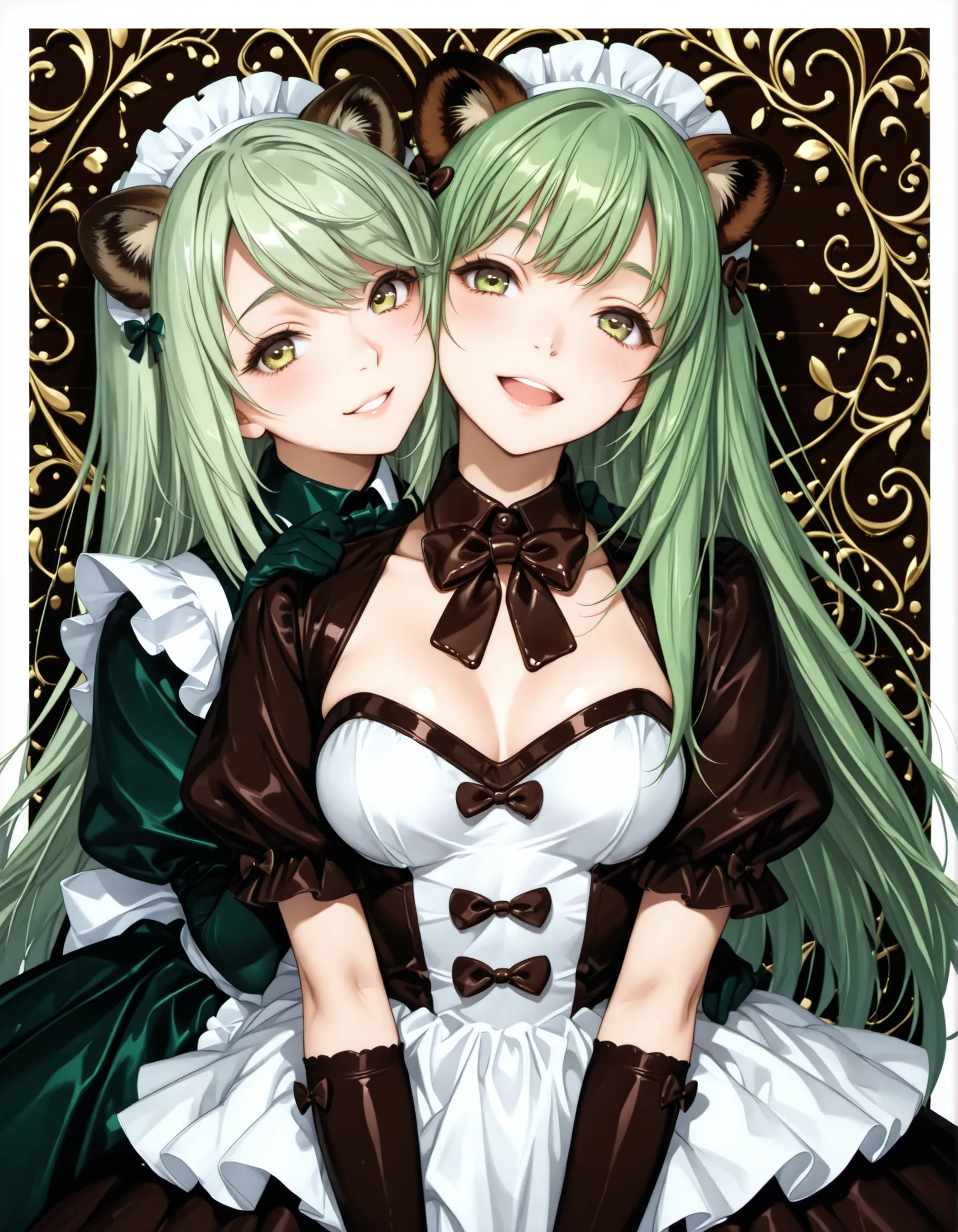 Tanuki Ears Maid,chocolate mint color scheme mini maid dress, Lime Green Hair, Chocolate bow tie,chocolate and lime green long lolita gloves,Look at me,Tilt your neck slightly and smile，(((show viewers heart-shaped chocolate)))