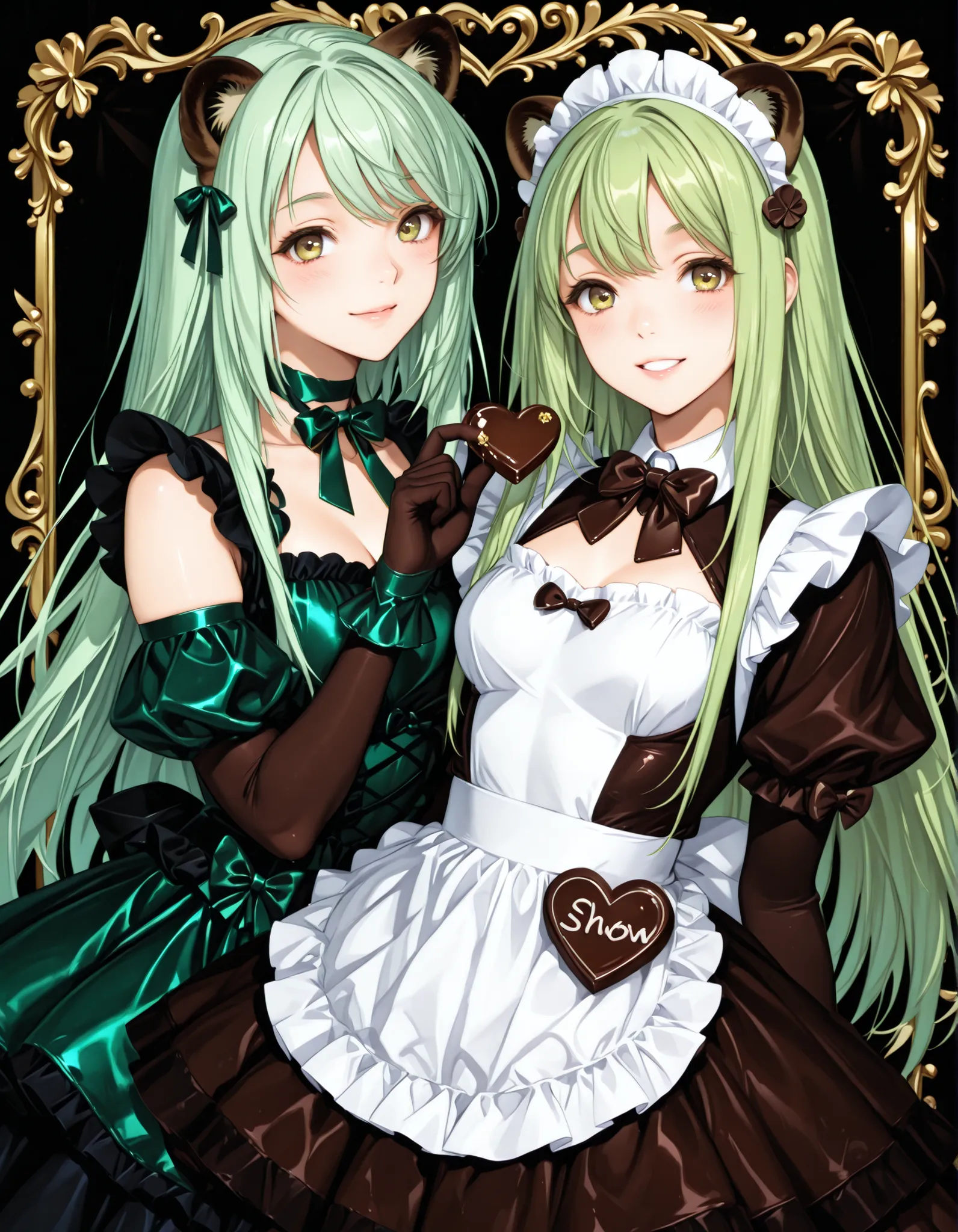 Tanuki Ears Maid,chocolate mint color scheme mini maid dress, Lime Green Hair, Chocolate bow tie,chocolate and lime green long lolita gloves,Look at me,Tilt your neck slightly and smile，(((show viewers heart-shaped chocolate)))